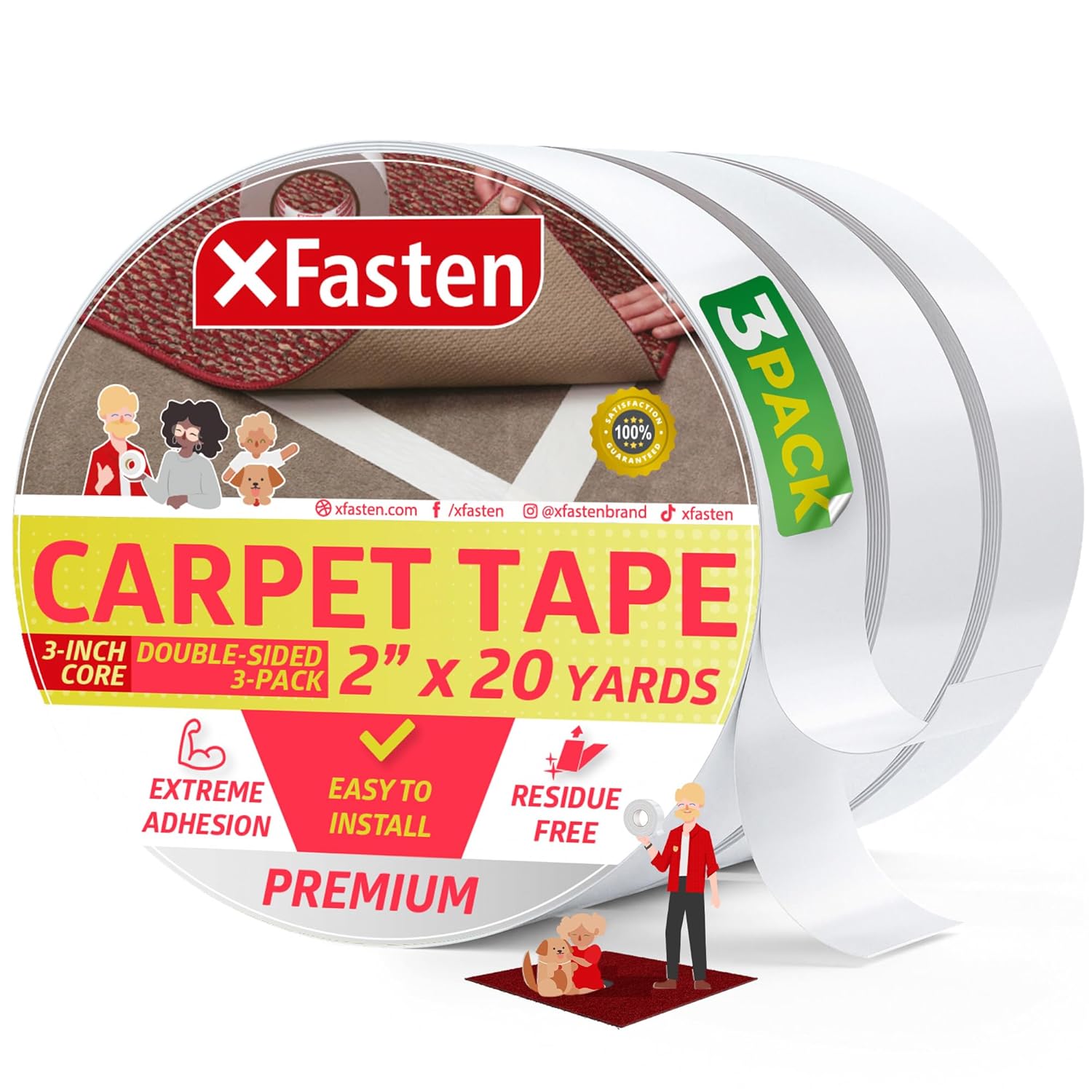 XFasten Double Sided Carpet Tape - 2” x 20yd (3-Pk) Bulk Double Sided Rug Tape for Carpet, Indoor Outdoor Carpet Tape for Area Rugs over Carpet, Strong Adhesion Carpet Binding Tape for Hardwood Floors
