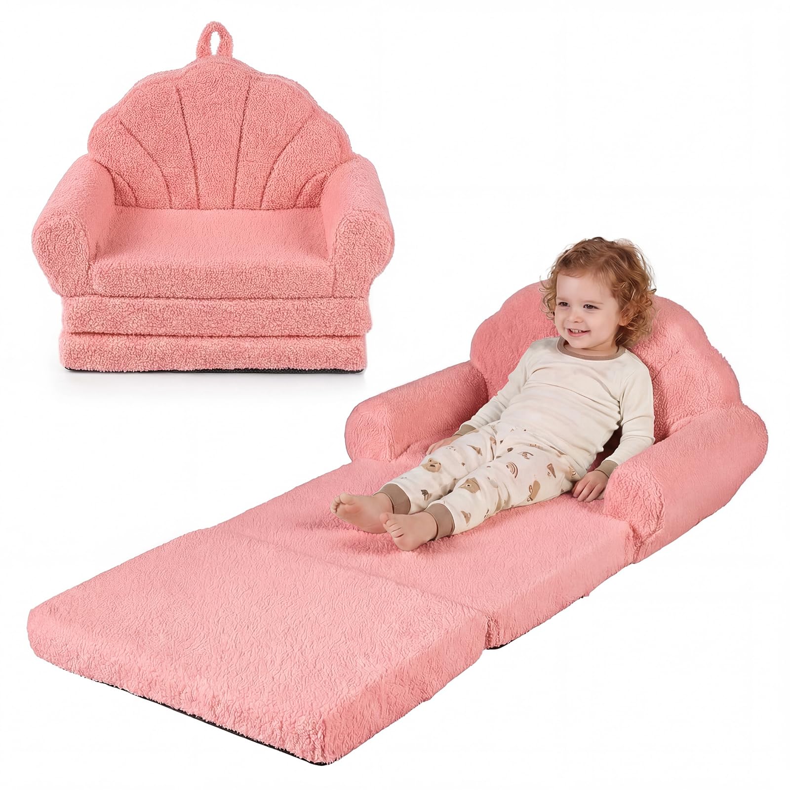 GOPLUS Sofá Plegable para Niños, Sofá Cama 2 en 1 con Funda de Forro Polar Lavable, Respaldo en Forma de Concha y Reposabrazos, Sillón Infantil de Espuma para Niños de 3+ Años (Rosa)