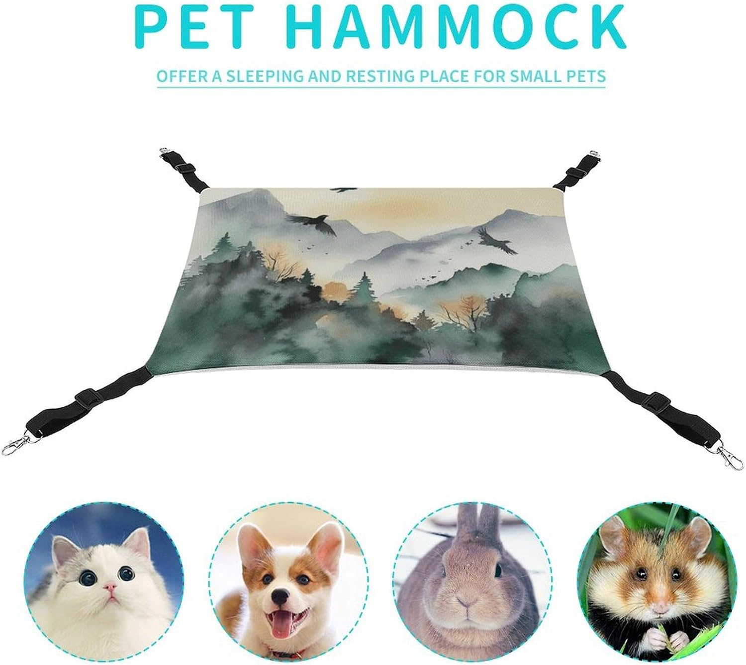 review Hanging Pet Hammock, Mountain Birds Watercolor Printed Soft Breathable Pet Hammock with Adjustable Straps and Metal Hooks for Cats Small Dogs Rabbits Sugar Gliders