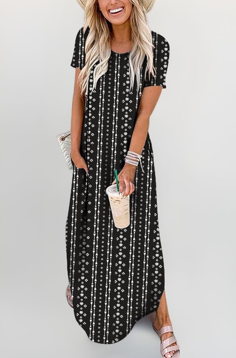 ANRABESS Women's Summer Casual Loose Short Sleeve Long T Shirt Dress Split Maxi Beach Sundress Travel Vacation Outfits