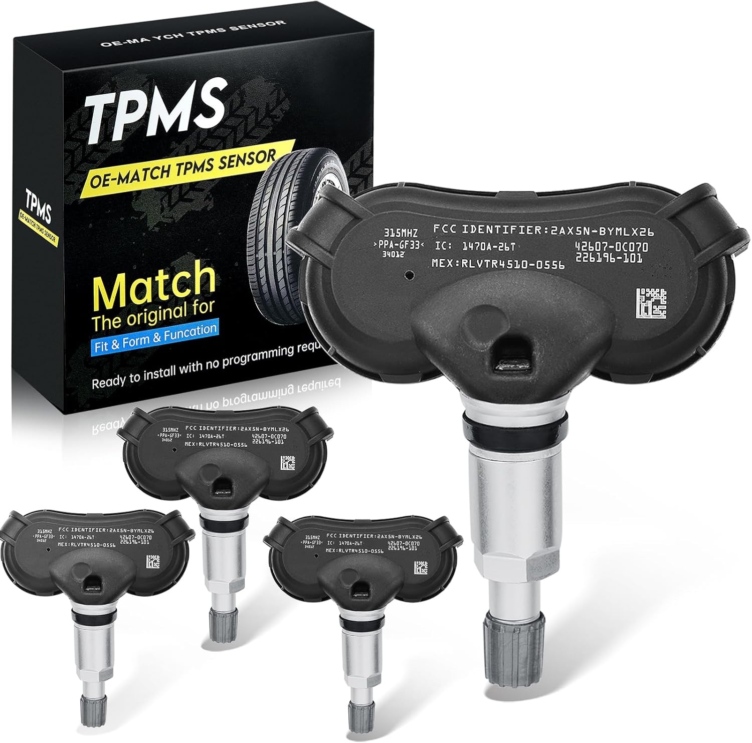 TPMS Sensor 42607-0C070 for GM 315Mhz Tire Pressure Monitoring Sensor Compatible with Toyota Sequoia Sienna Tundra 2007-2020, Tire Sensor Replacement for 42607-0C050, 42607-08010 (4 Pack)