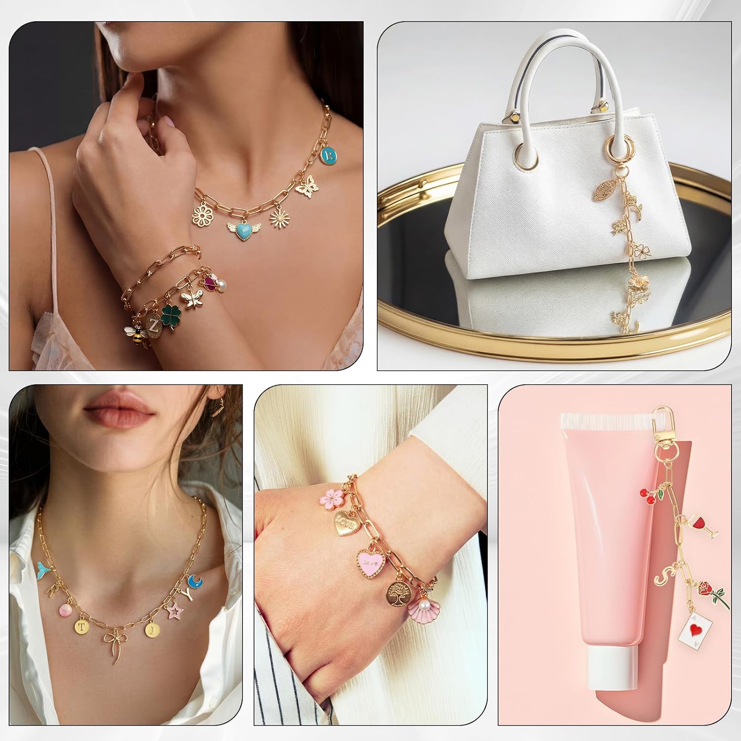 Tudomro 440 Pcs Charms Lip Gloss Keychain Making Kit Necklace Bracelets Kit Gold Paperclip Chain, DIY Supplies with Charms, Key Chain Hooks, Jump Rings, Lobster Clasps for Women Christmas Gifts