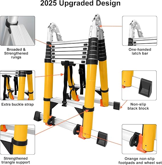 18FT Telescoping Aluminum A-Frame Ladder - EN131 Approved, 330lbs Capacity, Foldable to 39, w. Balance Bars & Wheels, Portable Metal Ladder for Car Trunk, 7+7 Foot Adjustable Step Ladders