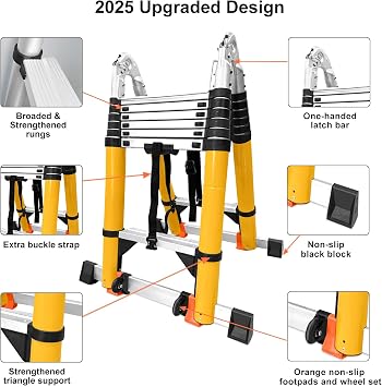 18FT Telescoping Aluminum A-Frame Ladder - EN131 Approved, 330lbs Capacity, Foldable to 39, w. Balance Bars & Wheels, Portable Metal Ladder for Car Trunk, 7+7 Foot Adjustable Step Ladders