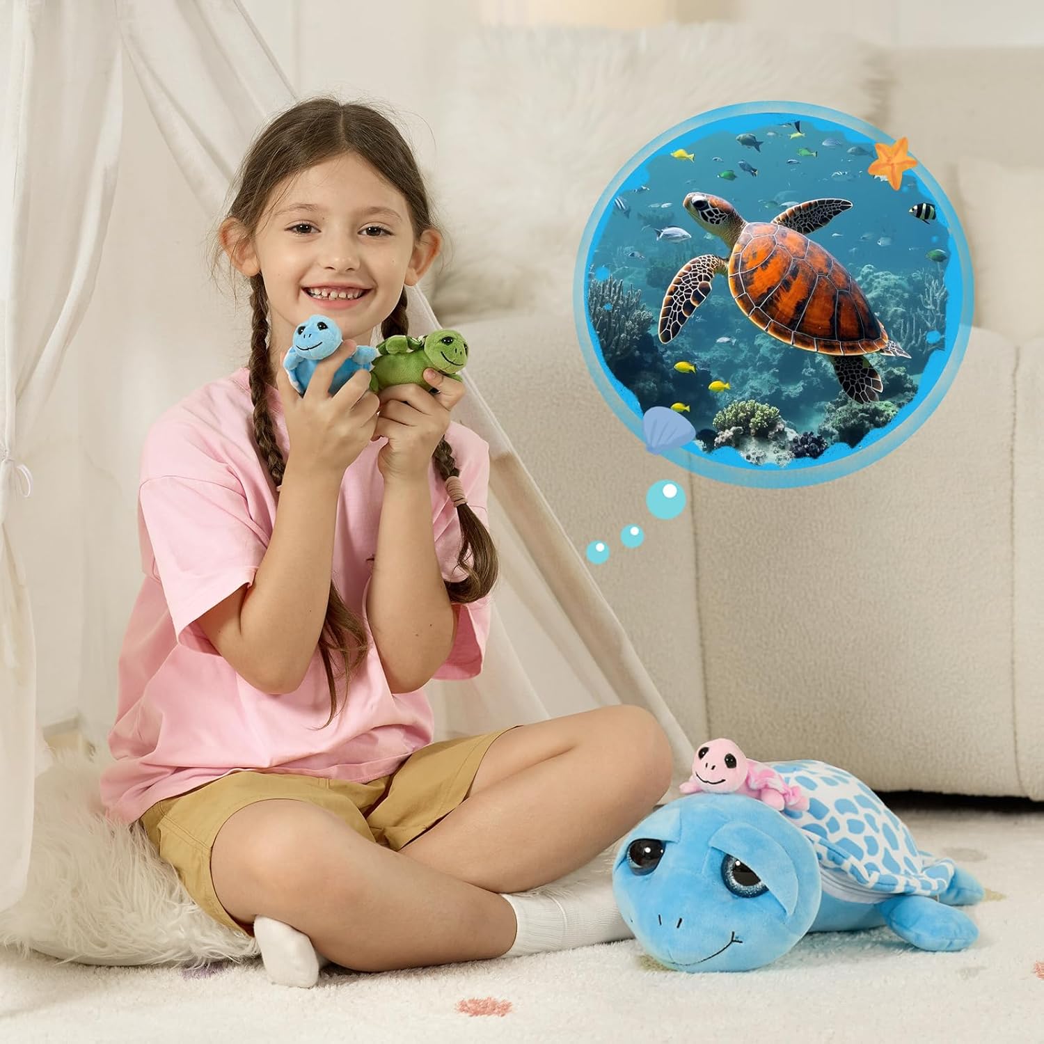 MorisMos Sea Turtle Stuffed Animal Mommy with Babies, 6 Packs Stuffed Turtle Toys for Kids Toddlers, 14'' Mama Big-Eyed Tortoise Toy, Sea Stuffed Animal Plush Pillow Gifts for Birthday Christmas