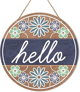 Muktoujaumai Floral Round Hello Welcome Sign - 10.2" Wooden Farmhouse Front Door Porch Decor, Spring Summer Hanging Wall Sign, Housewarming Gift