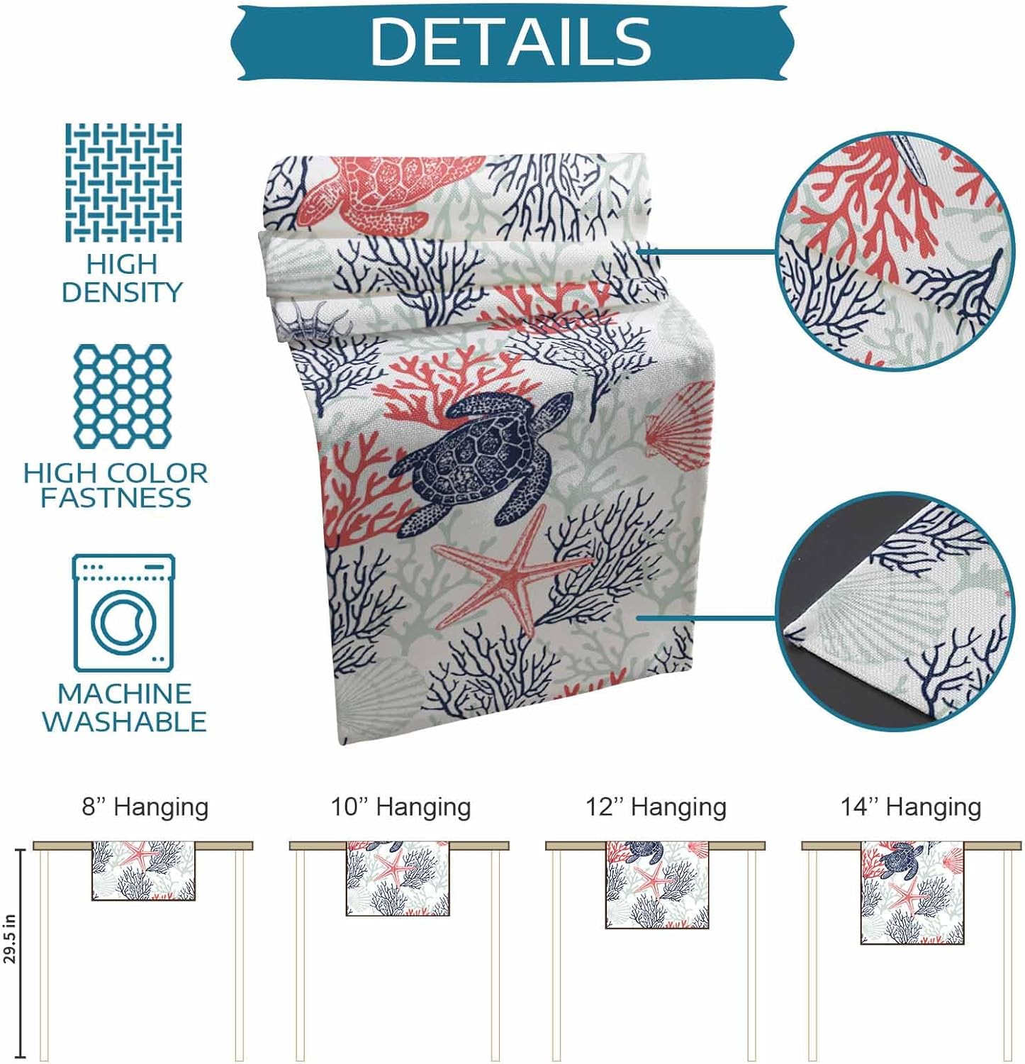Seven Roses Blue Red Coastal Table Runner 120 Inches Long Farmhouse Dress Scarves, Sea Turtle Nautical Coral Summer Beach Dining Tablerunner for Coffee Table/Kitchen Island/Party Décor, 13"" x 120""