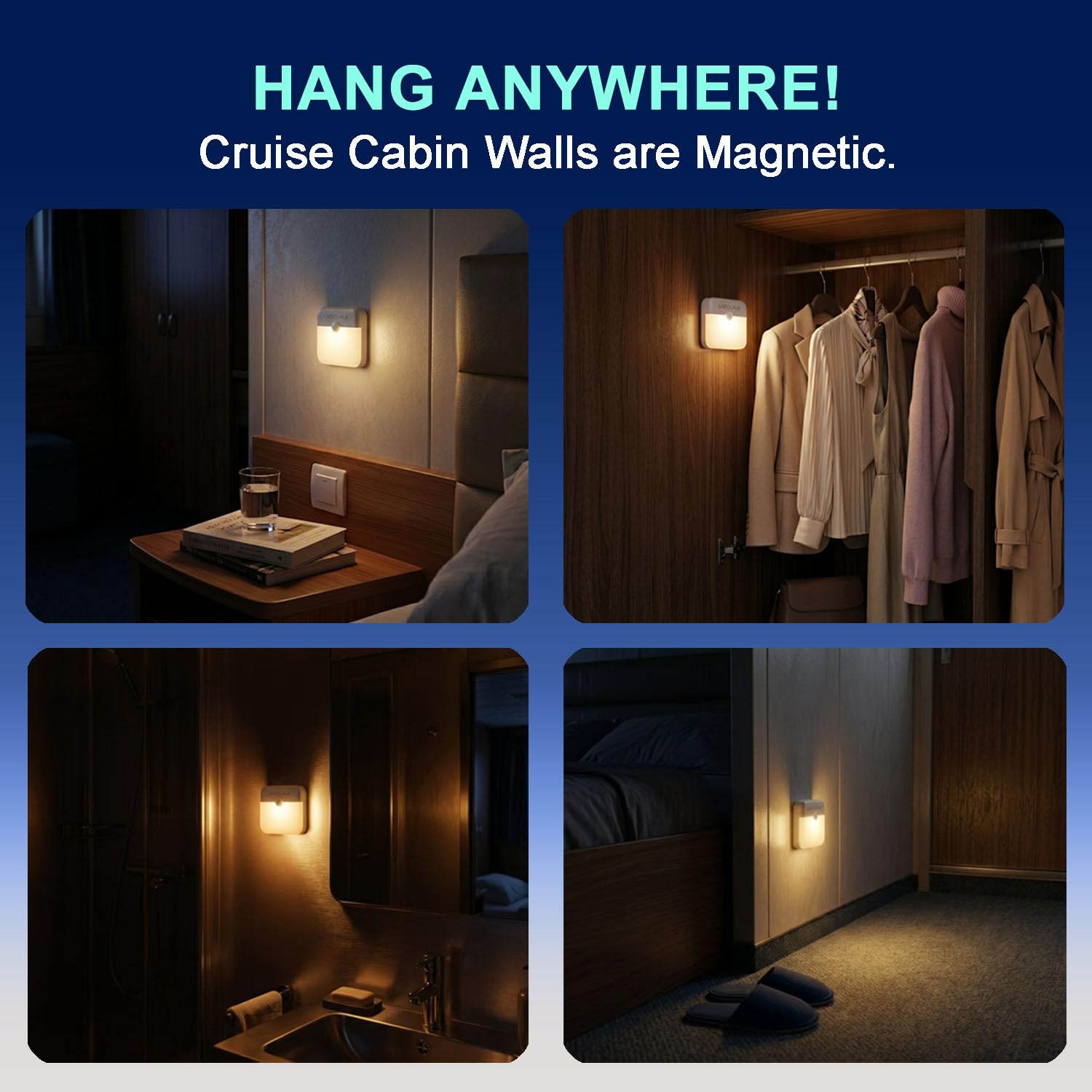 Lot de 4 veilleuses magnétiques avec détecteur de mouvement et batterie rechargeable LED pour une utilisation en intérieur dans la salle de bain, le couloir, la cabine, les toilettes, les