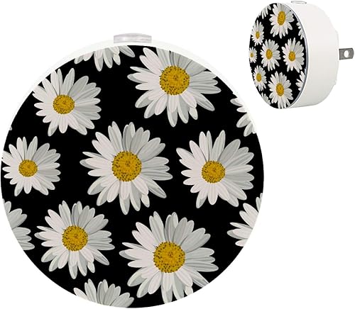 Luz de noche LED blanca del atardecer al amanecer Sensor Plug in Night Home Decor Lámpara de escritorio 2 Pack de margaritas blancas sobre fondo