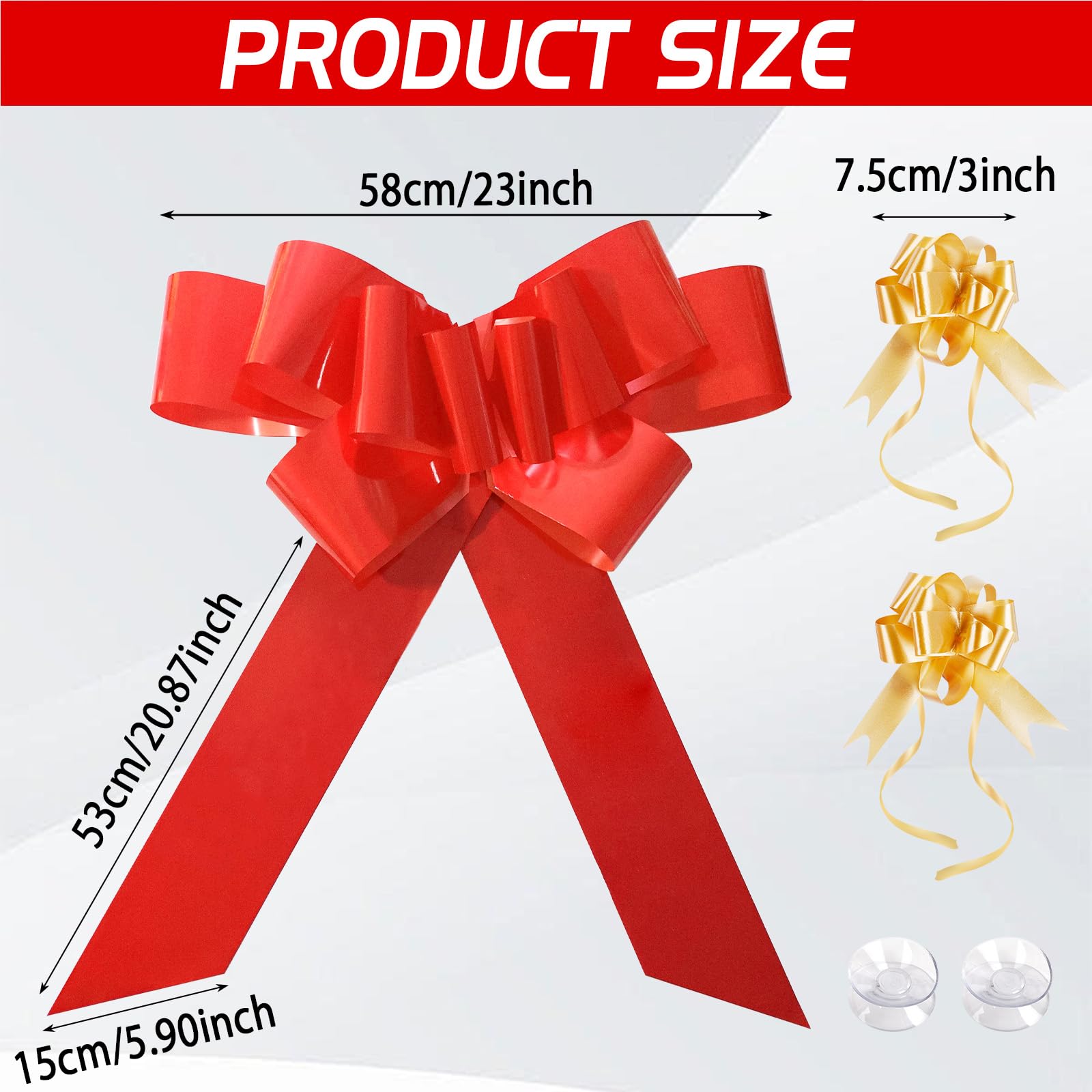 Lazo Grande para Regalo Coche 23 Inch Lazo Gigante Rojo para Decoracion Coche de Boda, Cumpleaños y Envoltorio de Regalo, Navidad y Fiesta, Nuevo Hogar + 2 Lazos de Cinta Dorado Pequeños y 2 Ventosas