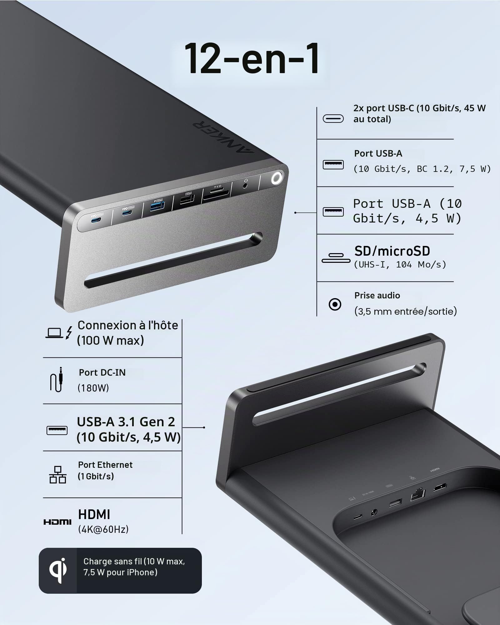 Anker 675 Docking Station (12-en-1, Support de Moniteur) avec Ports USB-C 10 Gbit/s, Affichage HDMI 4K à 60 Hz, Bloc de Charge sans Fil, Gris foncé.