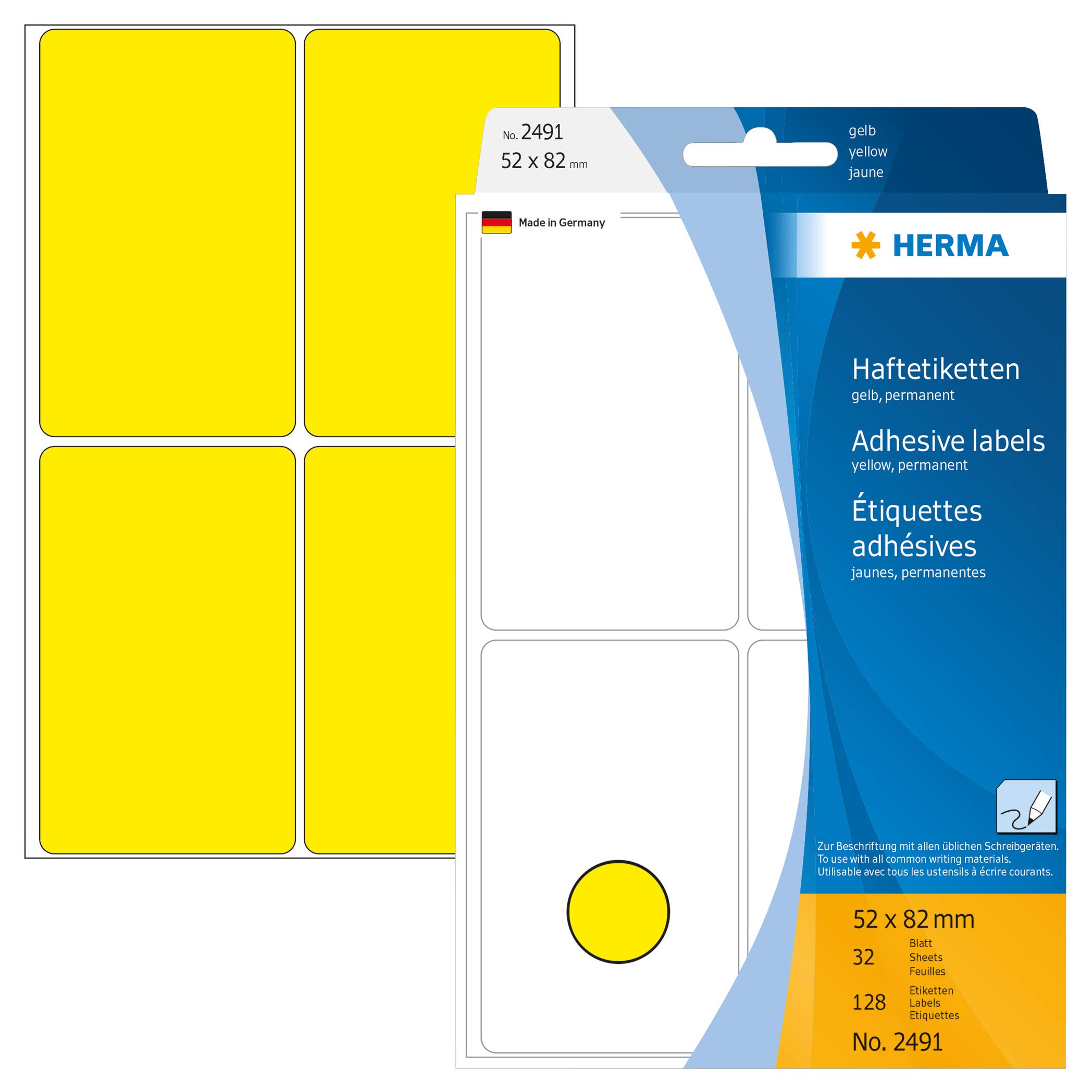 HERMA 2491 Multi-purpose labels 52x82 mm yellow paper matt hand inscription 128 Labels / 32 Sheets