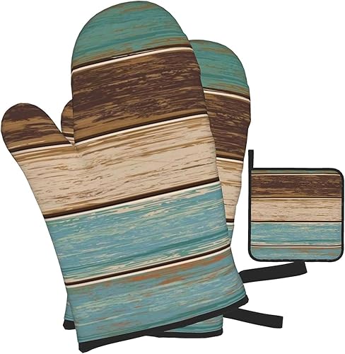 Miniatura 2 de Juego de manoplas de horno y soporte para ollas de madera vintage náutica, diseño retro azul océano rústico con estampado de aceite, almohadilla