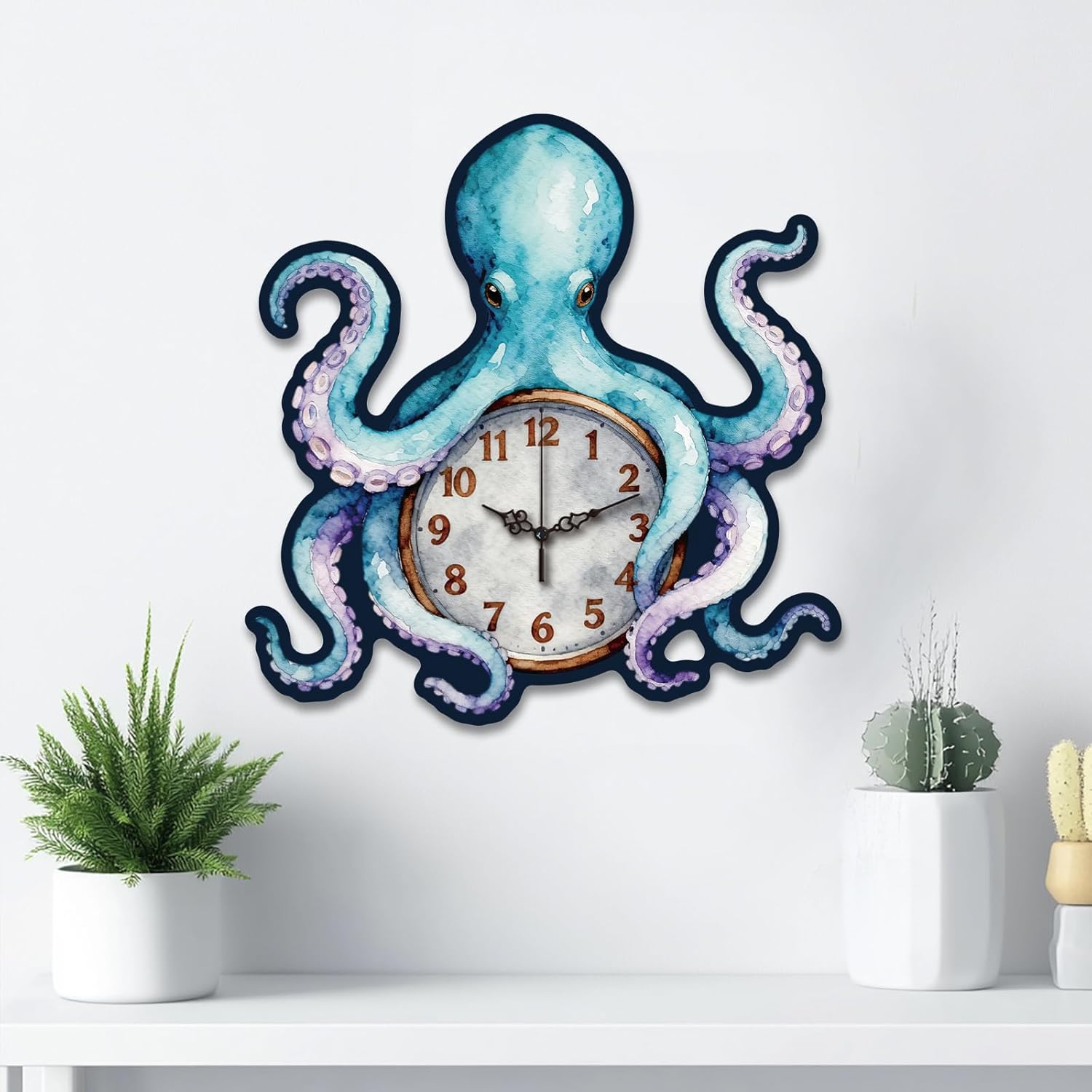 Octopus Wall Clock Irregular Shape Decorative Wall Clock Non-Ticking Clock for Home Office Decoration, 13.11×12.99 inch
