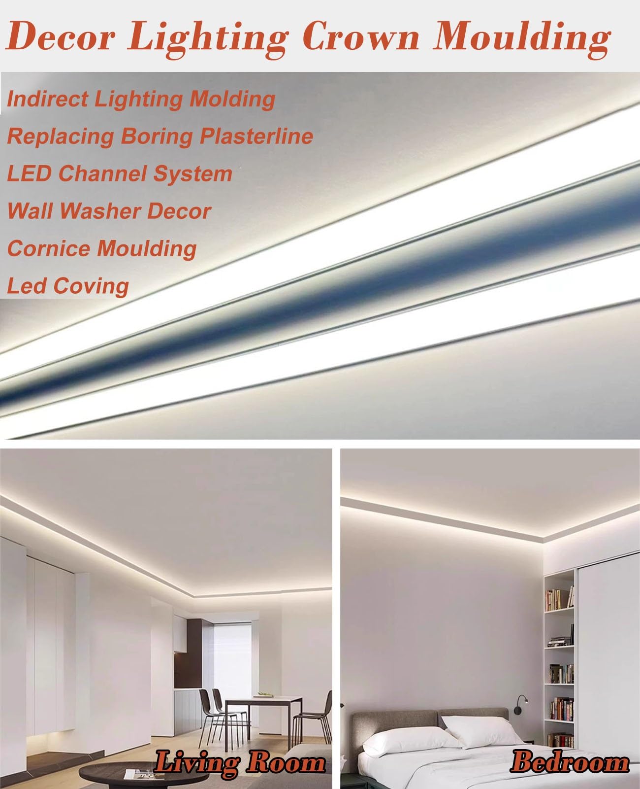 Aluminum Crown Moulding Ceiling Wall Indirect Lighting, Double Light Strip Crown Molding Trim 2 1/4" x 2 1/4", Cornice LED Channel Wall Washer Decor(White,12.5m(41ft))