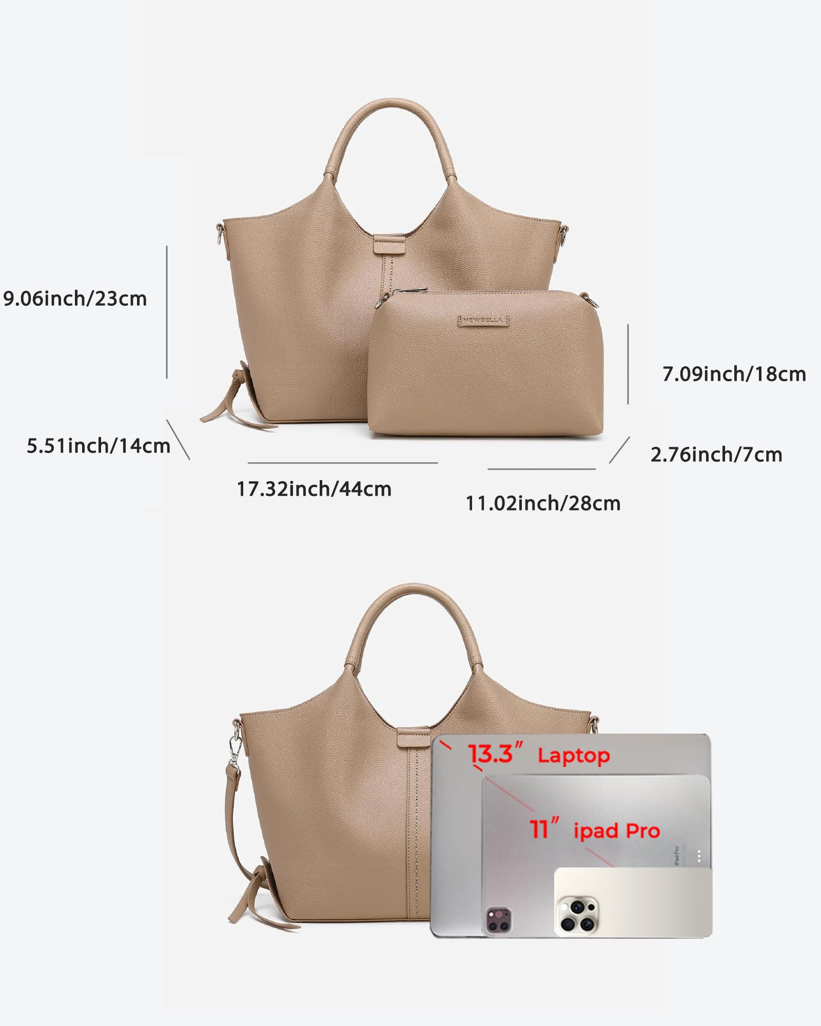 NEWBELLA Women's Vegan Leather Tote Bag 2-Piece Set, Fashion Top Handle Purse with Buckle Design, Solid Color Shoulder Bag for Work, Travel & Daily Use (Apricot)