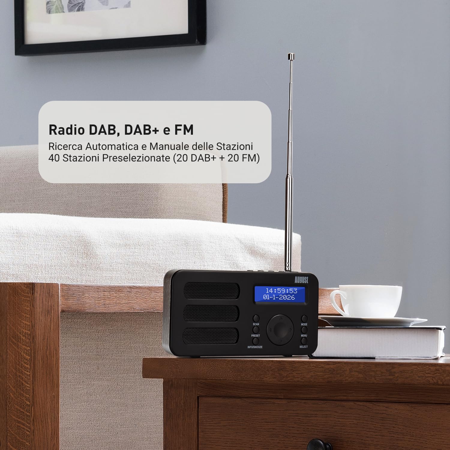 August MB225 Radio Portatile DAB DAB+ FM, Radio Digitale a Batteria con Dual Radiosveglia, Radiolina Portatile Ricaricabile con 40 Preselezioni, RDS, 20 Ore, Stereo/Mono, Presa per Cuffie - Nero