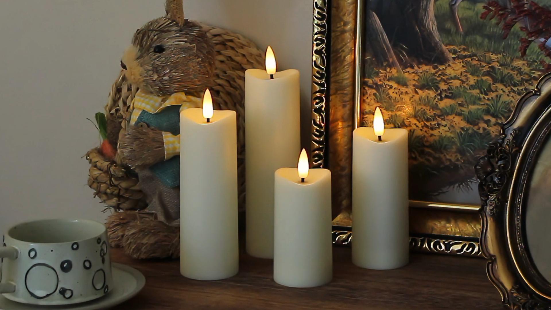 Image of Waterproof Flameless 2.2 inch x4 inch 4 inch 5 inch 5 inch 6 inch 6 inch 7 inch 7 inch Pillar Candles with Remote Control and Timer, LED Ivory Battery Operated Plastic Wave-Shaped Design Pack of 8 Outdoor Flickering