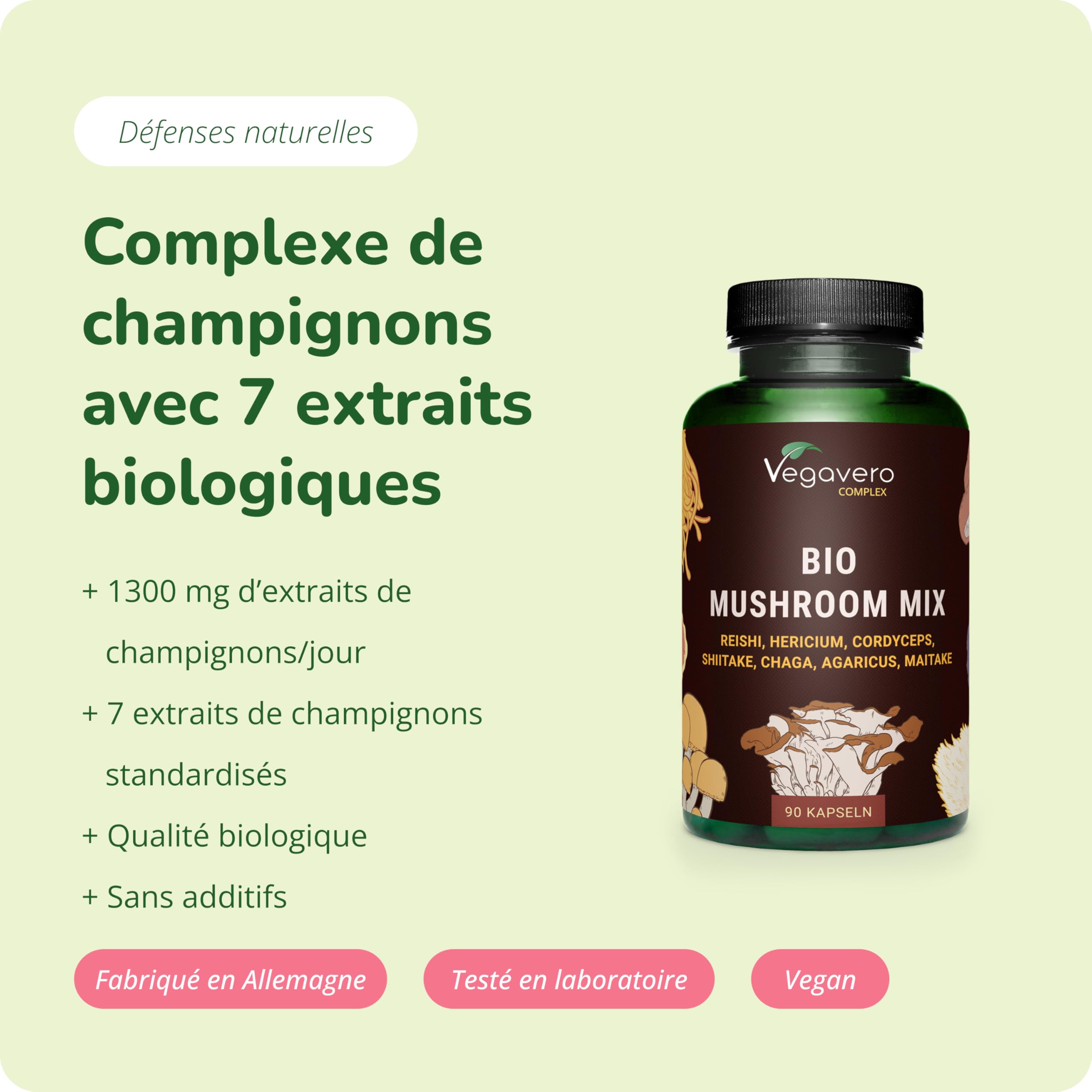 Complexe 7 Champignons BIO | Avec Extraits Biologiques : Lions mane, Maïtaké, Shiitake, Cordyceps, Reishi, Chaga, Agaricus | 1300 mg | Défense Immunitaire | Vegan & Sans Additifs | Vegavero®
