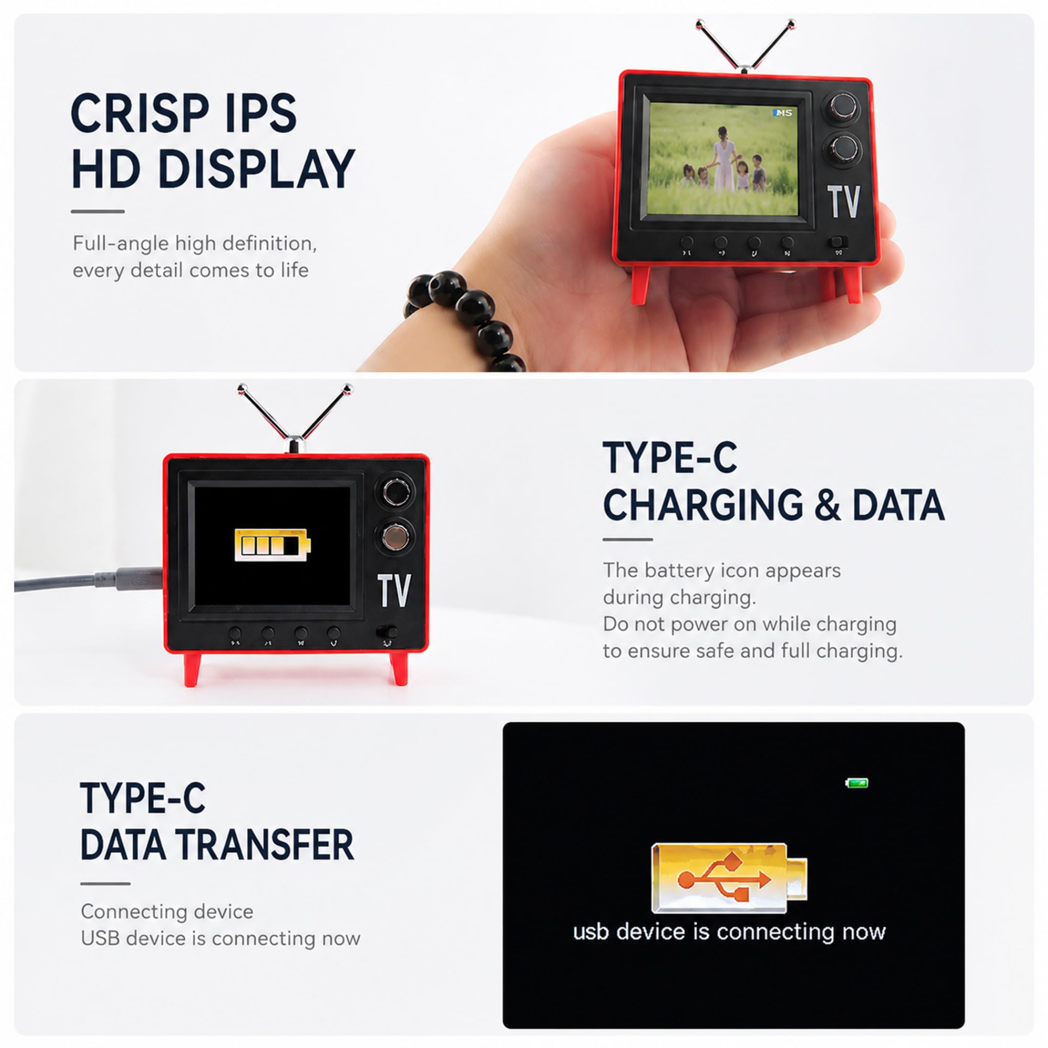 Mini TV retrò, mini TV portatile da 2,4 pollici con memoria da 8 GB, schermo Ips HD e batteria da 1500 mAh per scene in miniatura della casa delle bambole, nero
