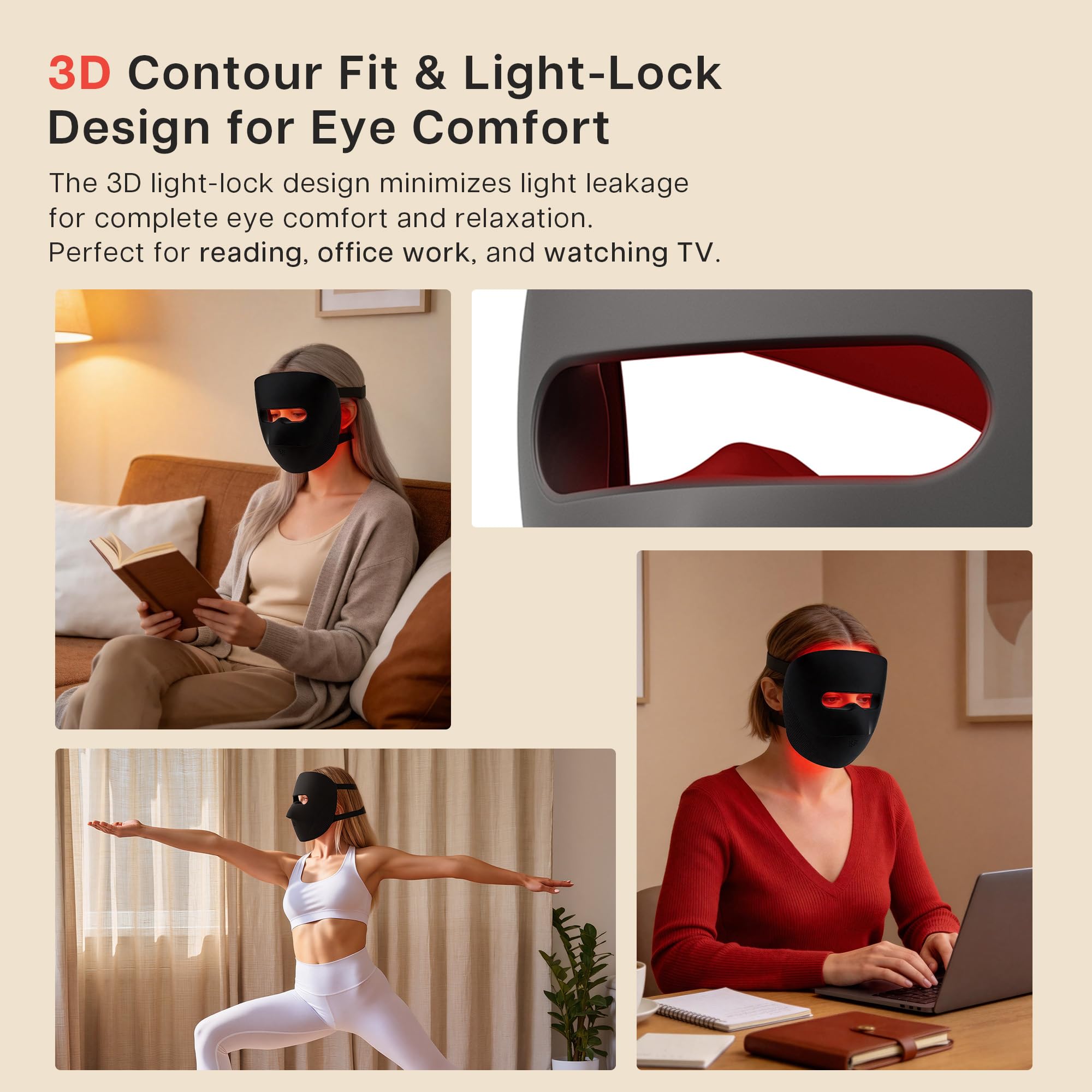 VRAIKO 9D Masque LED visage | Masque de thérapie par la lumière rouge avec 4 modes, 328 LED, design 3D de flux d'air et verrouillage de la lumière pour spa facial ultra confortable (Noir)