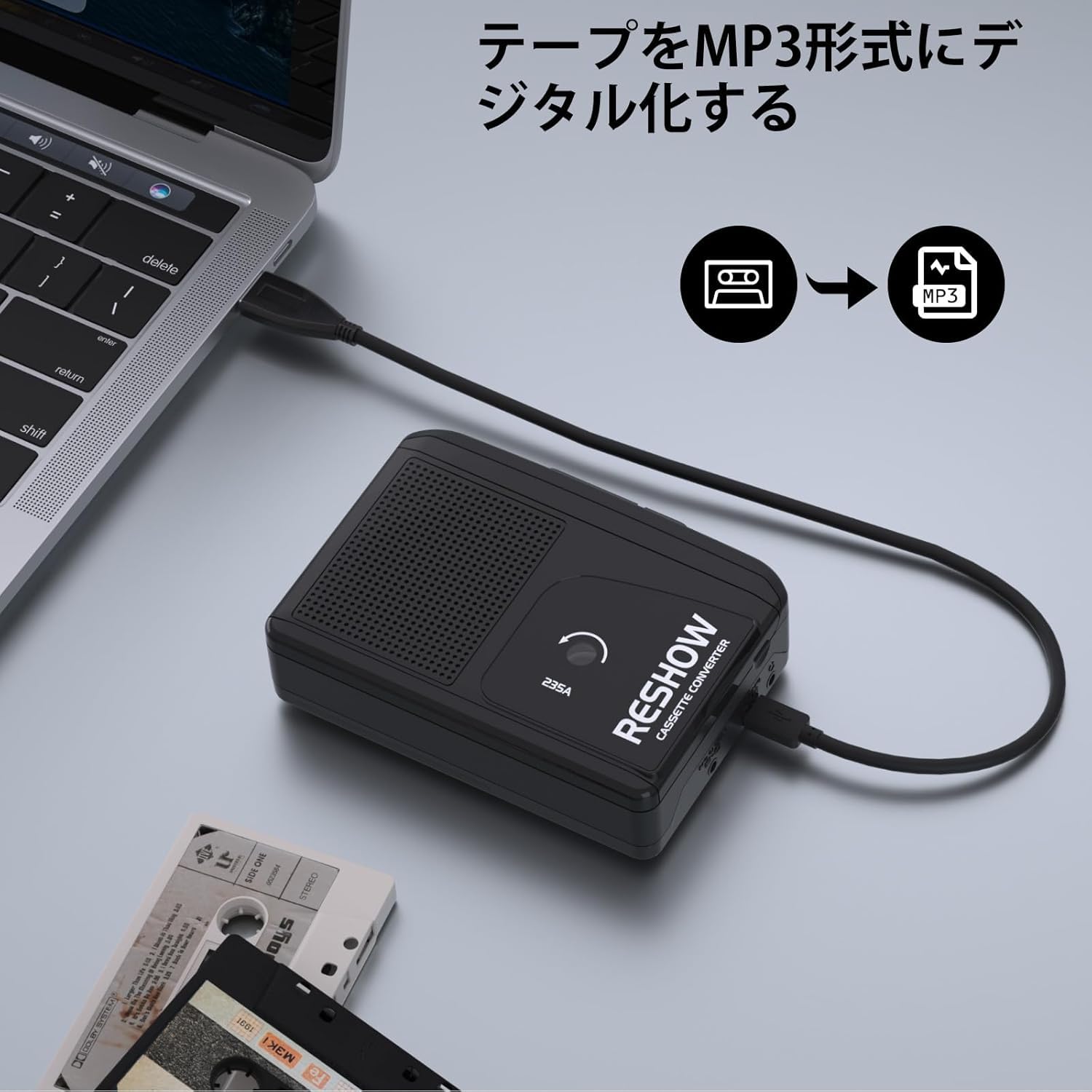 Reshow Lecteur de Cassettes Portable, Convertisseur de Cassettes USB vers MP3, Microphone et Haut-Parleur Intégrés, Enregistrement Inversé sur Bande, Enregistreur de Cassettes avec Écouteurs, Noire