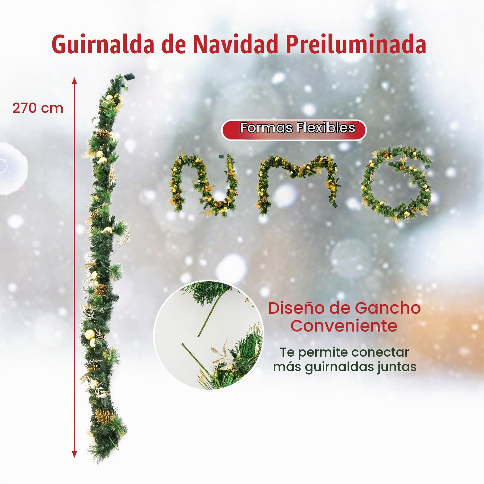 KOMFOTTEU 270 cm Guirnalda de Navidad con 50 Luces LED, Guirnalda de Abeto Artificial con Función de Temporizador, Decoración Navideña con para Escalera, Chimenea (Verde y Dorado)