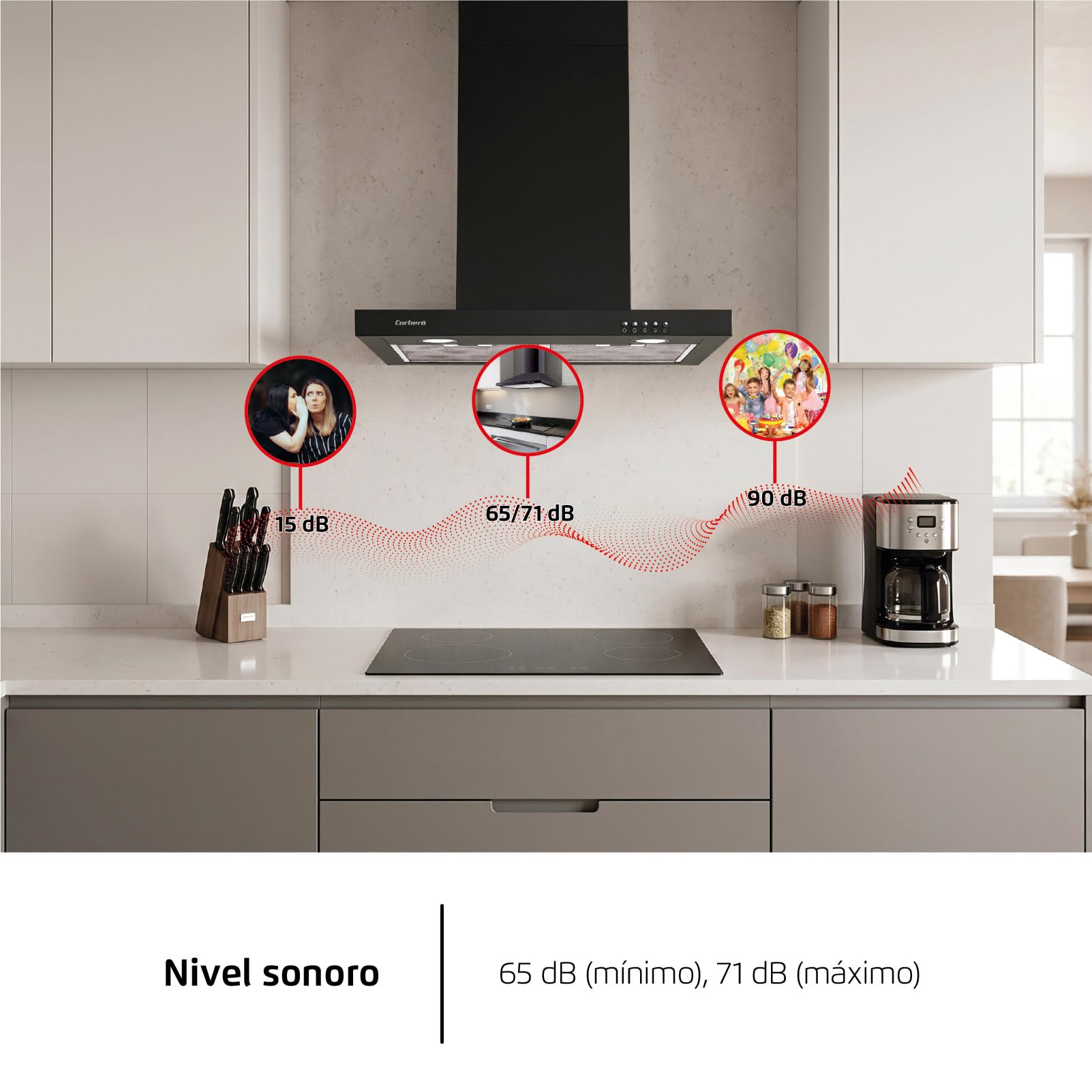 Corberó - Dekoracyjny dzwonek poziomy 60 cm | VOSTOK660B | 647,7 m3/h Przepływ | 165W | 3 prędkości | 2 filtry aluminiowe i węglowe | Efektywność energetyczna A, czarny