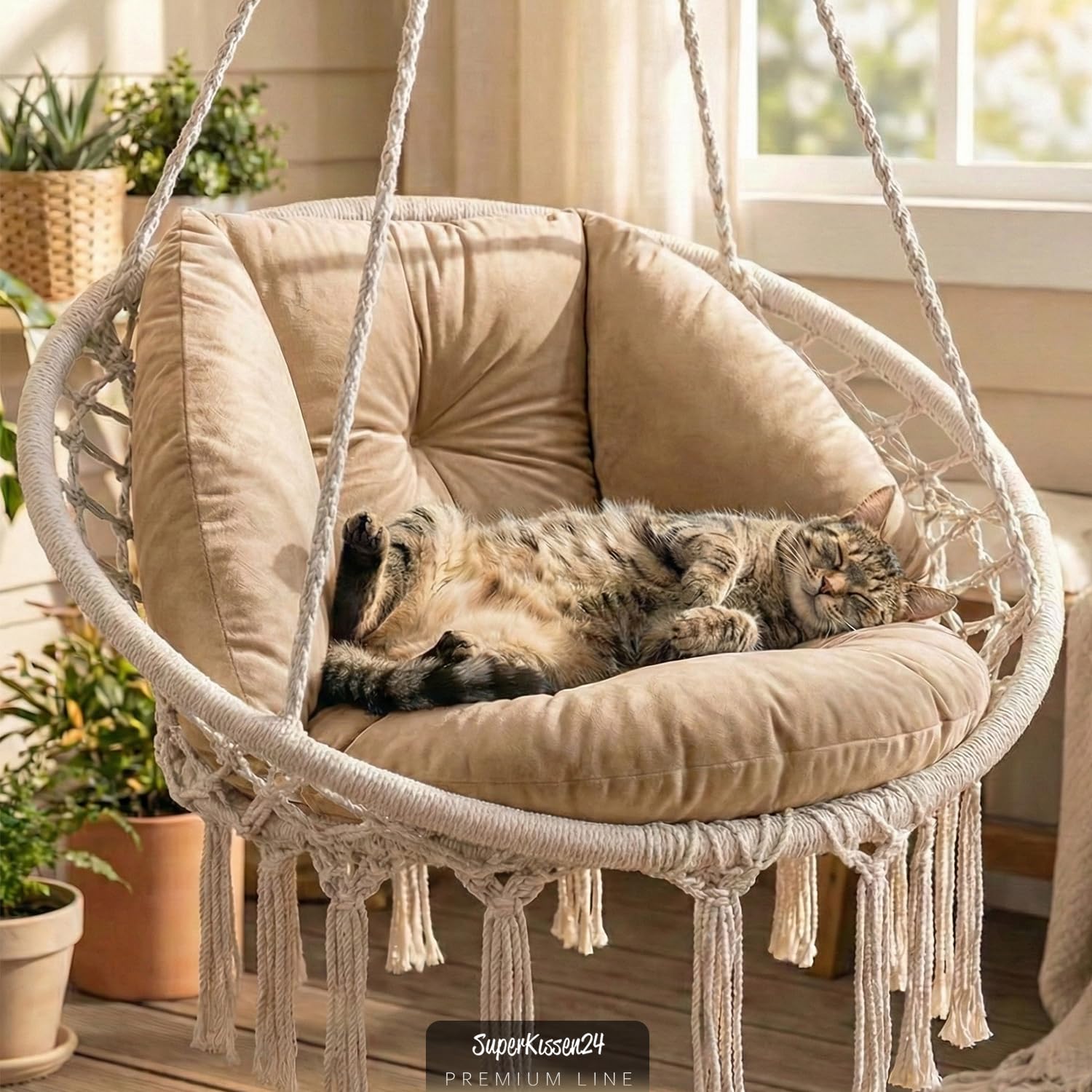 SuperKissen24. Kissen für Hängesessel, Hängestuhl - Runde Sitzkissen mit Silikonfaser - Kissen für Hängeschaukel aus Samtstoff - Hängesitz - Indoor & Outdoor - Dekokissen für Allergiker - Beige