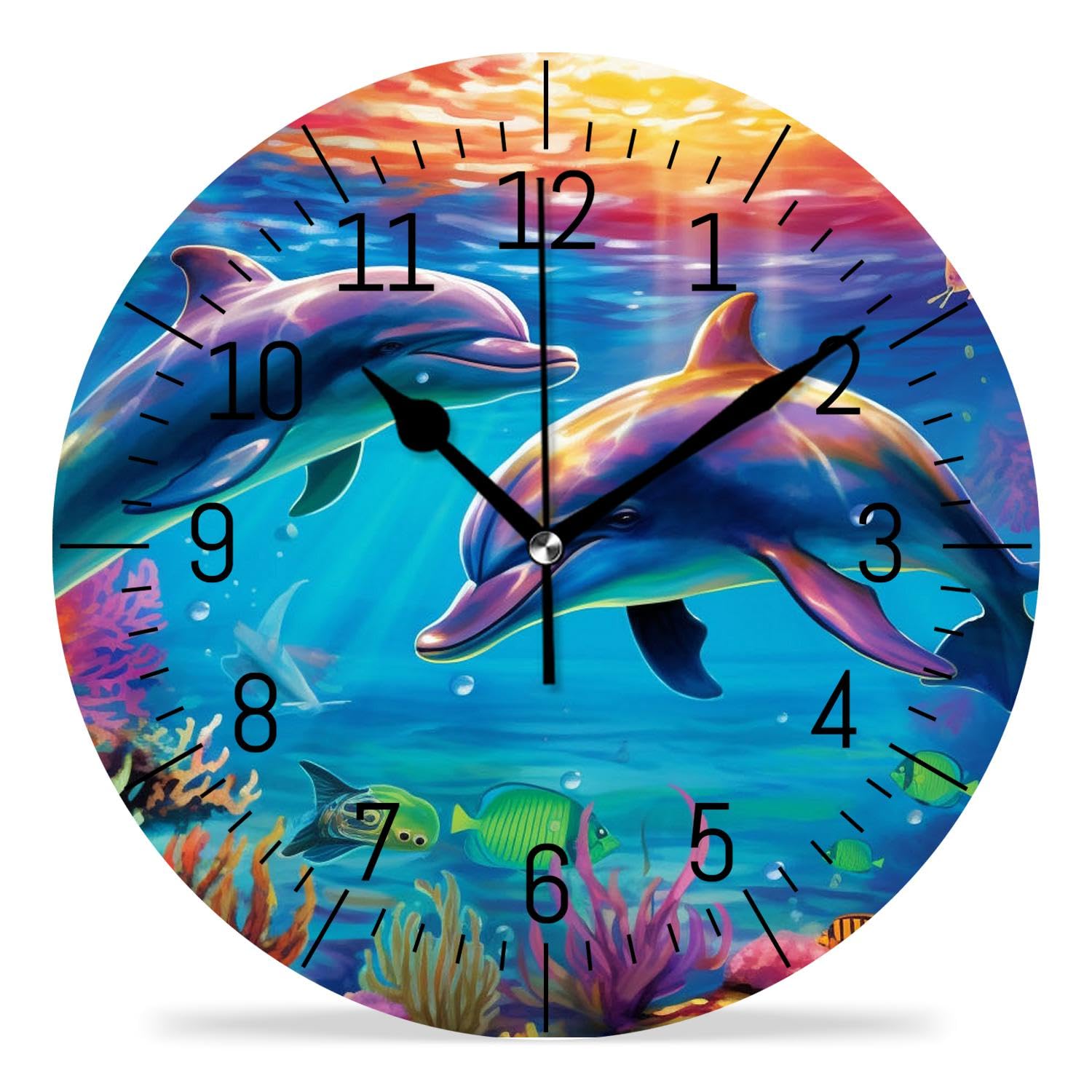 stalsme Round 10" Wall Clock Battery Operated Silent Clock Decorative for Office, Kitchen, Outdoor, Living Room，Beautiful Dolphin Ocean Sea Coral Reef