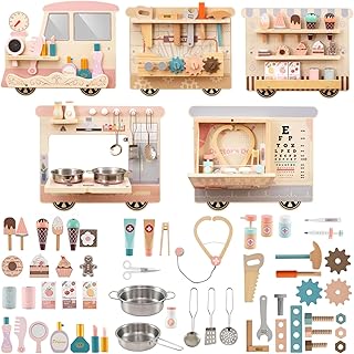 Costzon Train Activity Wall Busy Board, Sensory Wall Panel for Kids w/Vanity, Tool Box, Play Kitchen, Doctor Kit & Snack Bar, Toddler Montessori Learning Toy for Playroom, Daycare, Nursery, Classroom