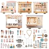 Costzon Train Activity Wall Busy Board, Sensory Wall Panel for Kids w/ Vanity, Tool Box, Play Kitchen, Doctor Kit & Snack Bar, Toddler Montessori Learning Toy for Playroom, Daycare, Nursery, Classroom