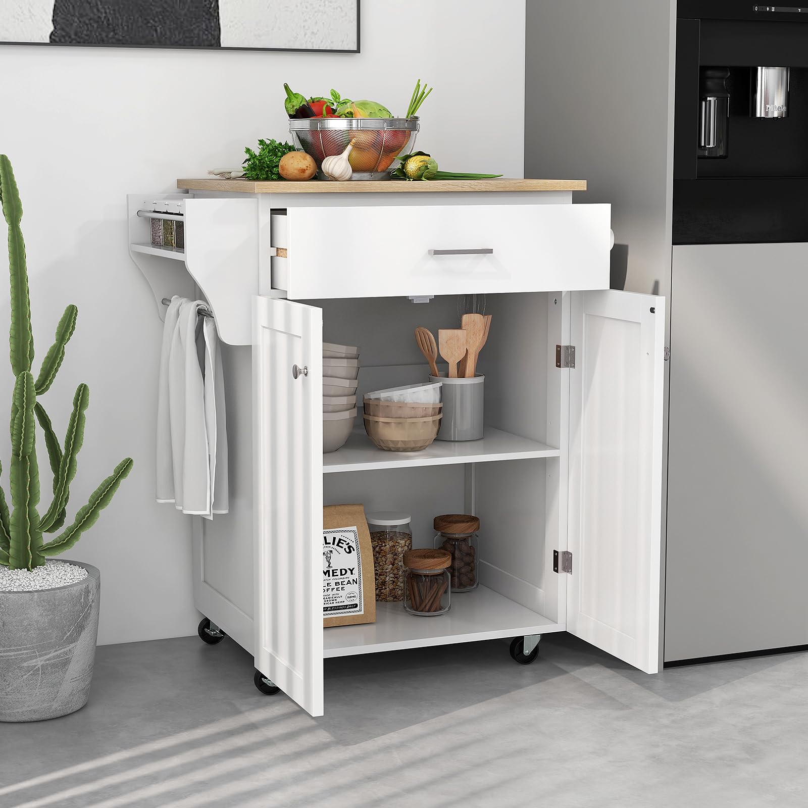 GIANTEX Carrello da cucina con piano di lavoro, carrello da portata con ruote, armadio da cucina con cassetto e ripiano regolabile, carrello da cucina con portasciugamani, mobile da cucina, in legno