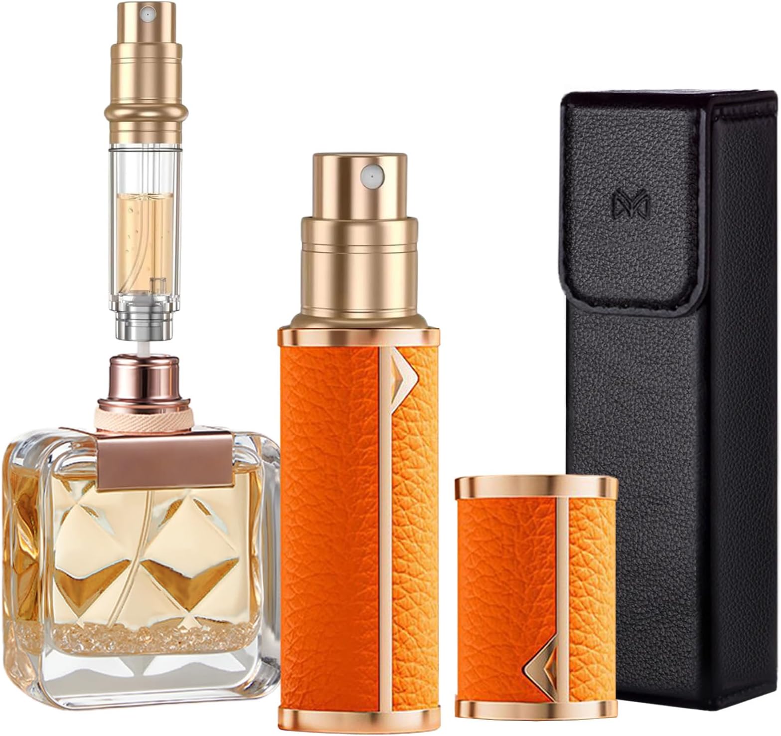 Perfume Travel Refillable Bottle,Genuine Leather Perfume Atomizer,Mini Travel Cologne Dispenser,Portable Sprayer Pocket Size Atomizer for Cruise Car Trip Purse Gift 5ml -Orange