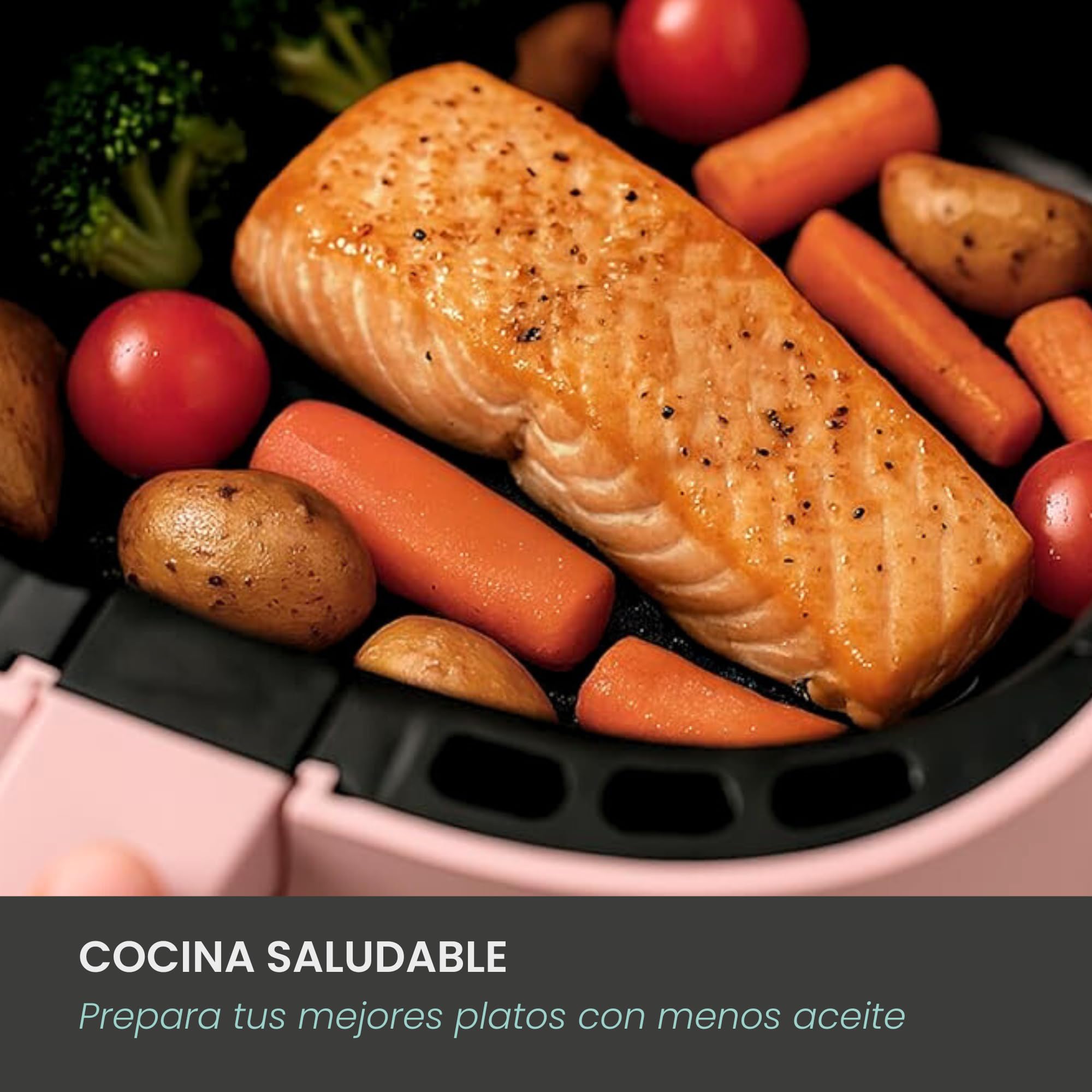 Jocca - Freidora De Aire Sin Aceite 3,8L Rosa, Air Fryer Digital 1450W, 8 Programas Automáticos, Pantalla LED Táctil, Temporizador, Temperatura Ajustable, Recetario Incluido, Fácil De Limpiar