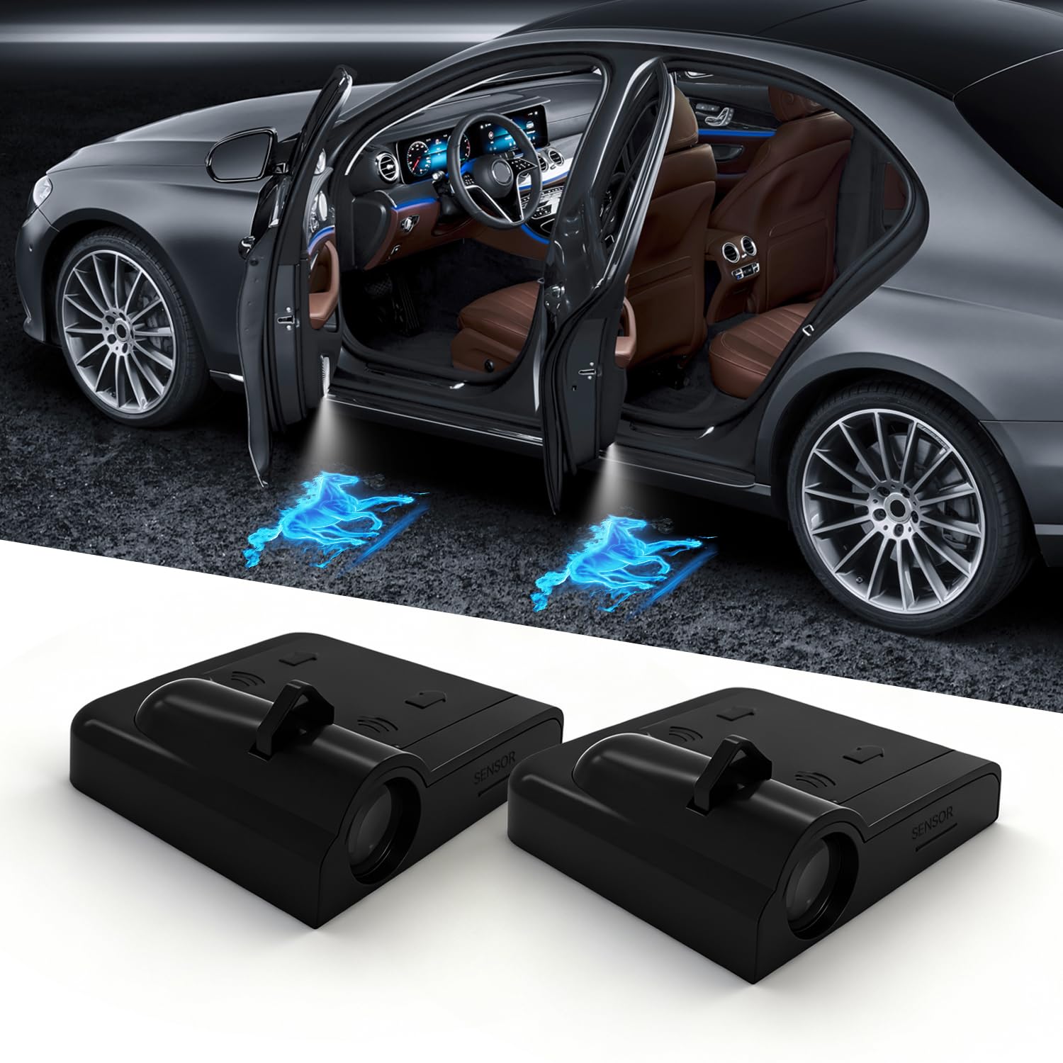 Car Door Lights Logo Projector, 2PCS Car Door Projector Lights Welcome Courtesy Ghost Shadow Lamp Fit for All Car Models (Blue Horse)