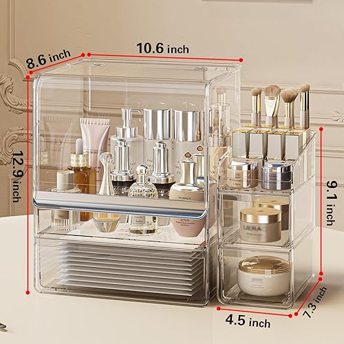 Miniatura 6 de Organizador de maquillaje para tocador con tapa, organizador apilable de cosméticos y almacenamiento, organizador de maquillaje acrílico