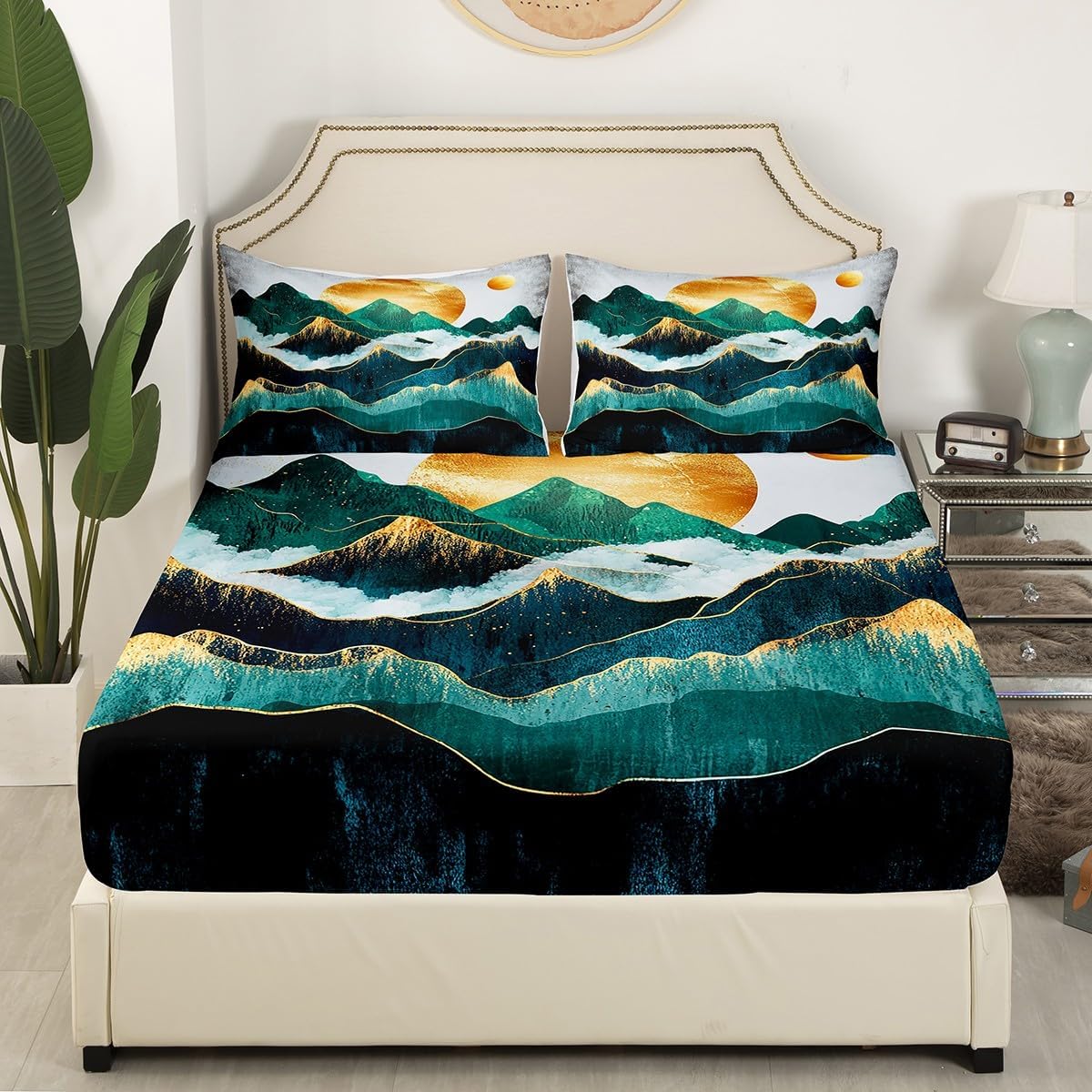 Erosebridal Smoky Mountain Bedding Golden Birds Sun Bed Sheets Full Landscape Natural Scenery Art Fitted Sheet Green Tie Dye Mountain Folk Style Retro Print Decorative Sheet Set
