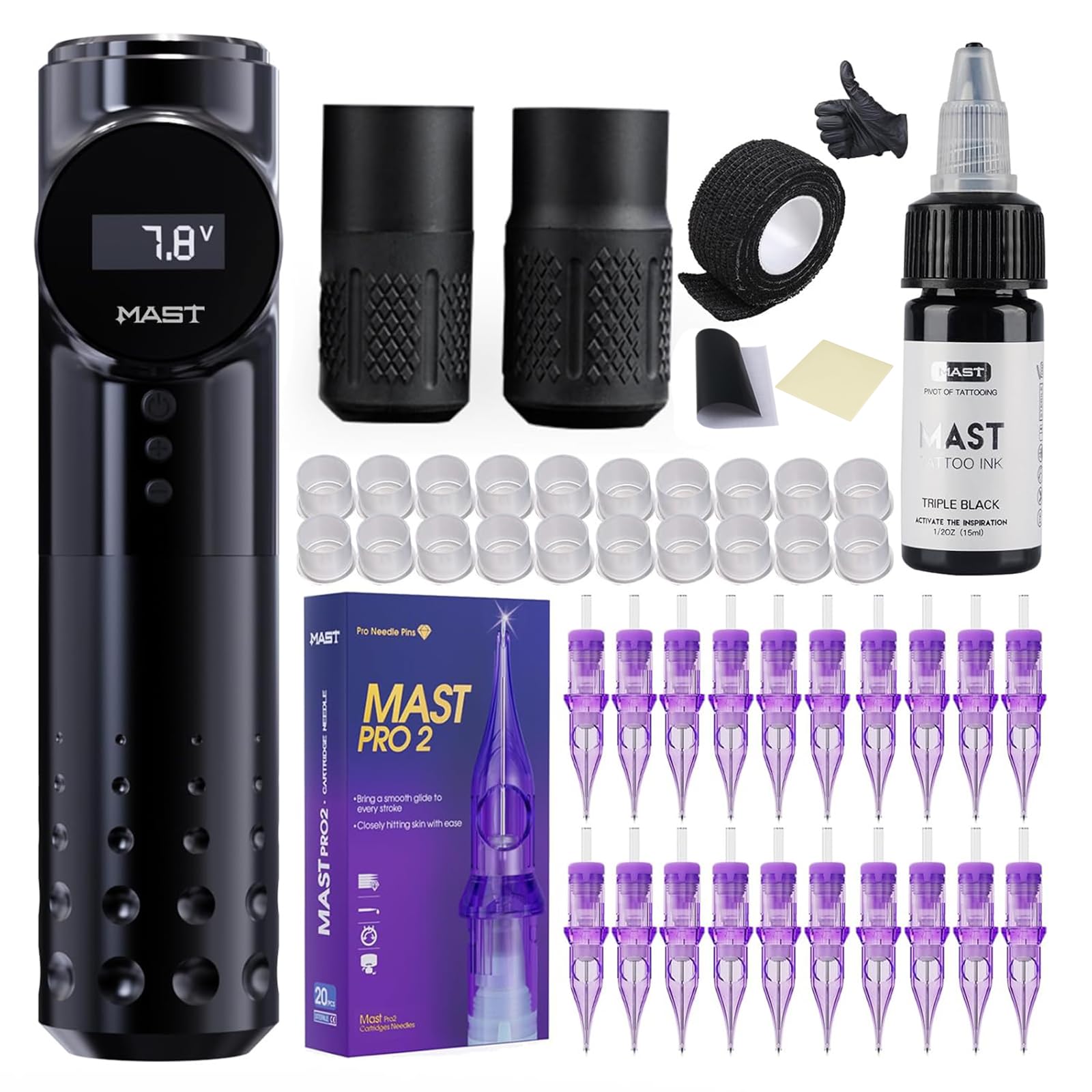 Mast Archer Kit de Tatuaje Máquina Rotativa de Tatuaje Inalámbrica con 2 Empuñaduras, 20 Cartuchos de Agujas para Tatuajes, para Arte en Estudio de Tatuaje