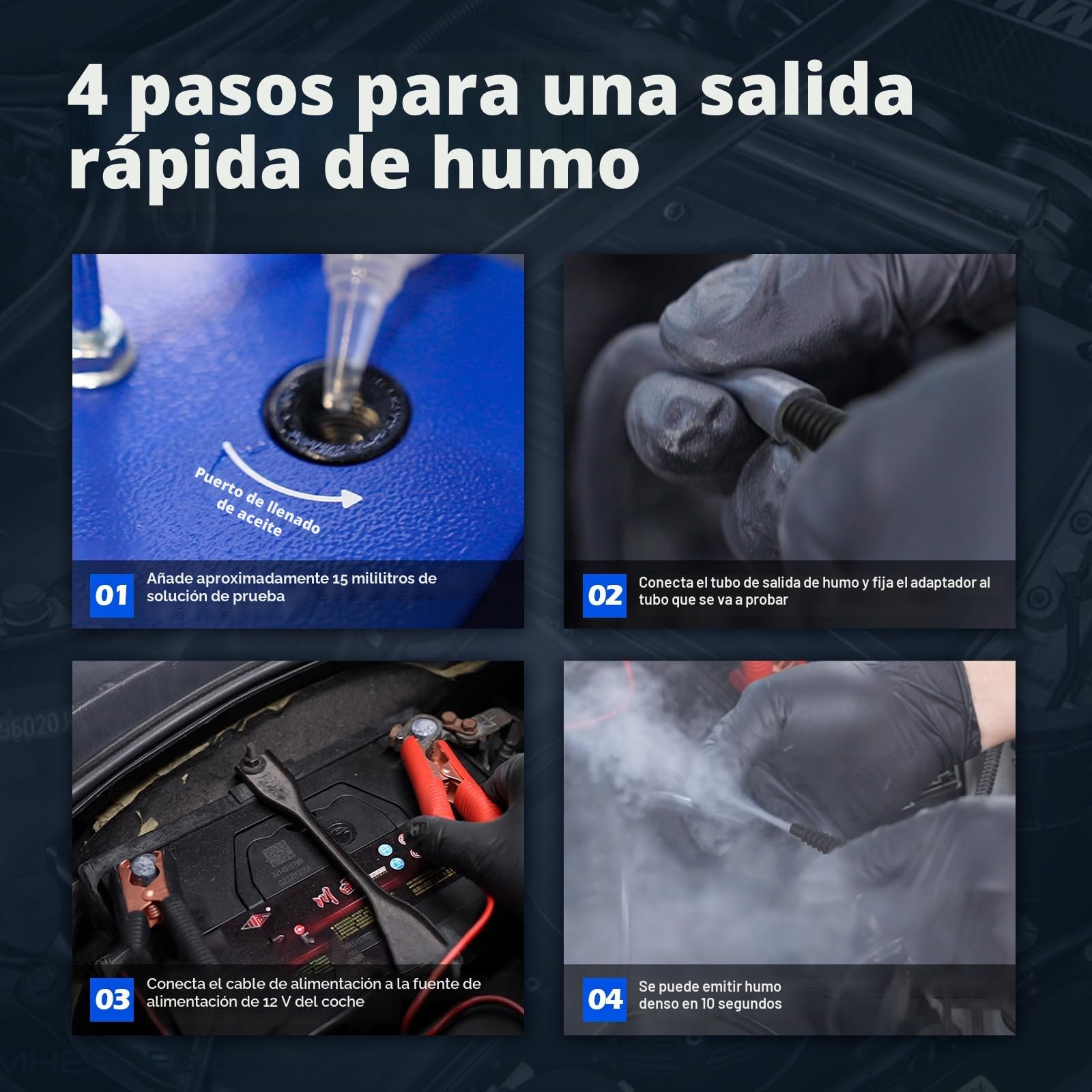 Probador de humo, detector de fugas 12V para sistemas de tuberías, fugas de combustible y diagnóstico de vacío para todos los coches, con bomba de aire integrada.