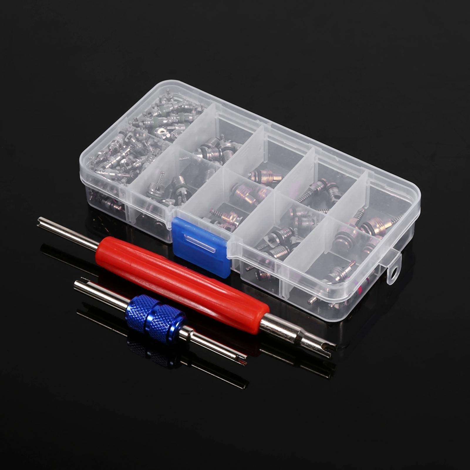 Kit de 102 embouts de valve de climatisation A/C R134a/R12 pour valve de pneu de réfrigération, kit d'outils de démontage, 102 pièces de valve Obus A/C Nucleo Valvula 16 mm pour valve de pneu 102 AC
