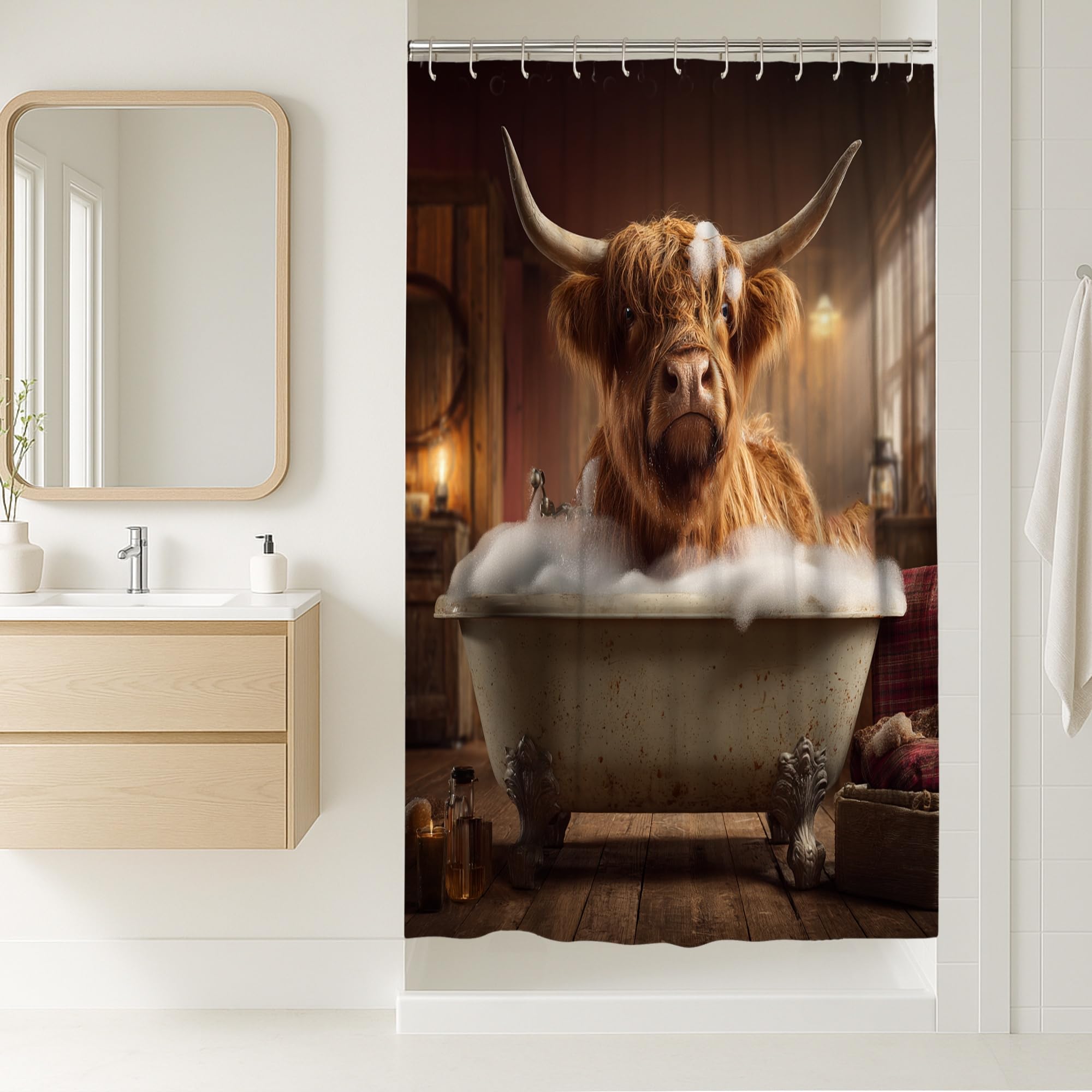 Highland Cow Stall Shower Curtain, Rustic Fanciful Bathtub Soap Bubbles None Brown Washable with Hooks Clawfoot Tub Shower Curtains for Bathroom Bathtub Apartment Decor 36x72 Inch
