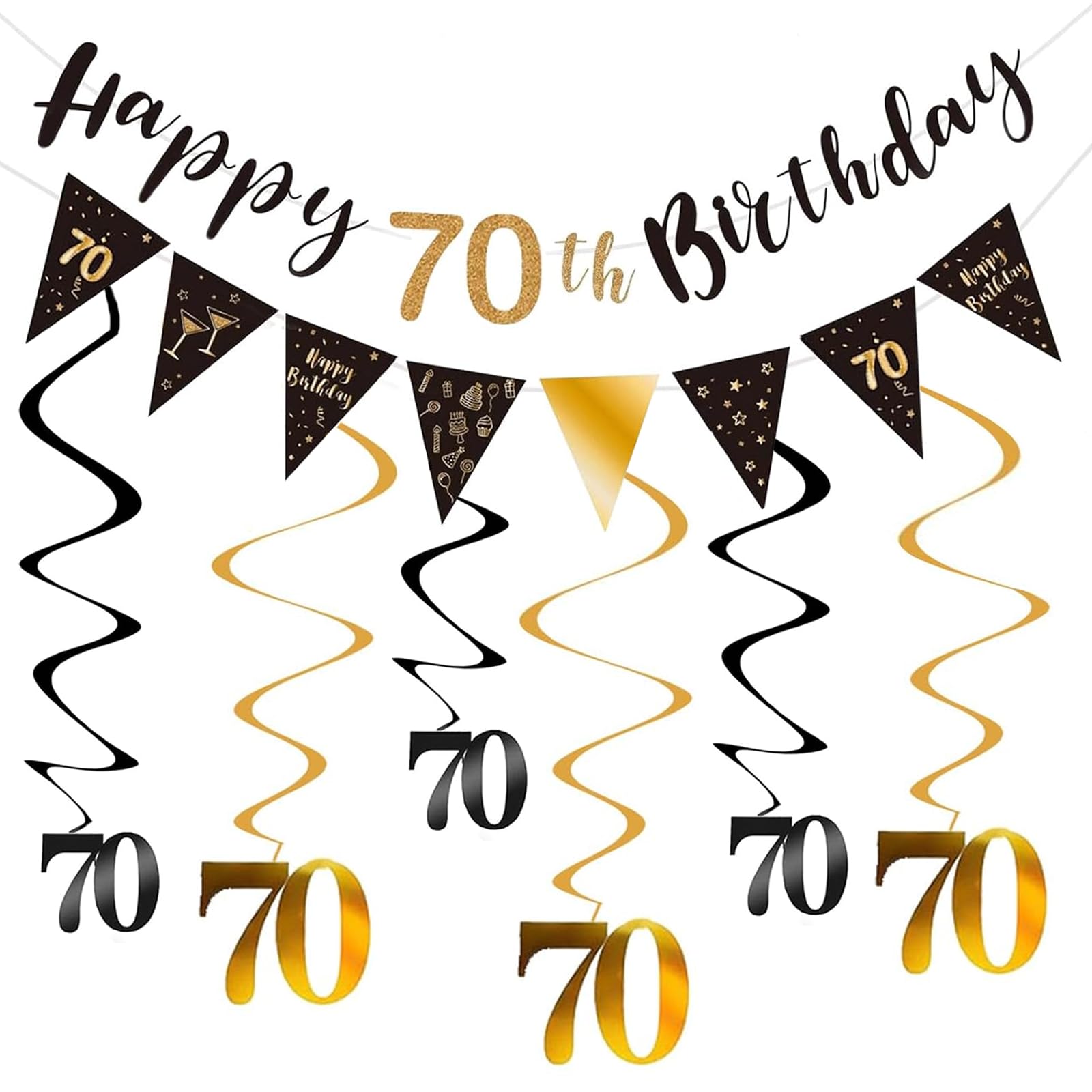 70th Birthday Decorations, Black & Gold Banner, Triangle Flags & Swirls