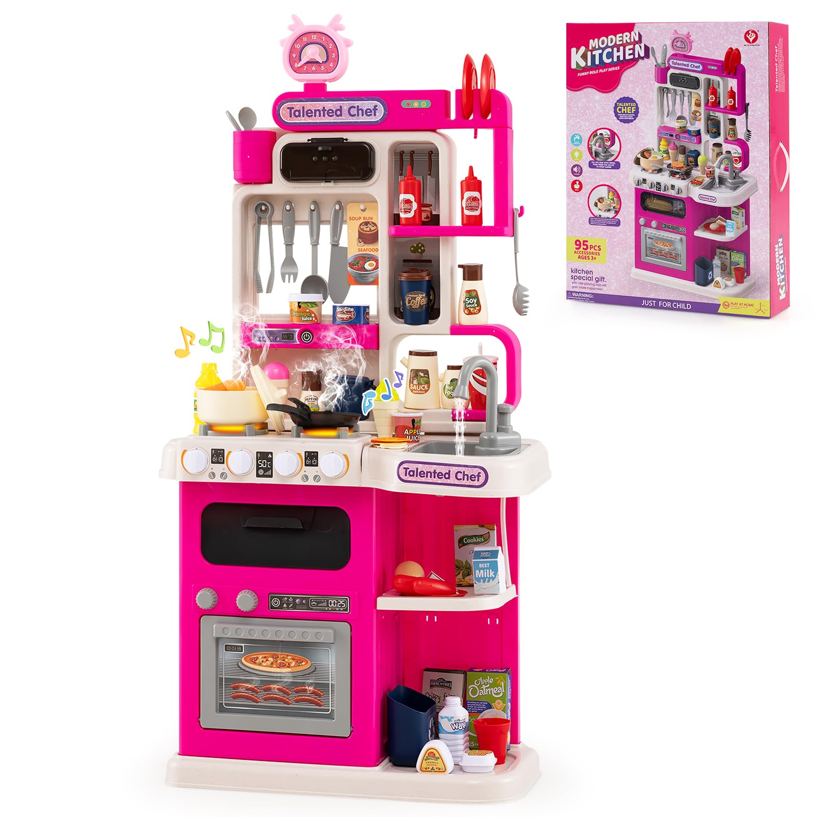 GOPLUS Cocina de Juguete para Niños, Cocinita Infantil con Fogones, Frigorífico, Microondas, Fregadero, Grifo, Vapor, Sonido y Luz, Juego de rol con 54 Accesorios para Niños de 3+ Años (Rosa)