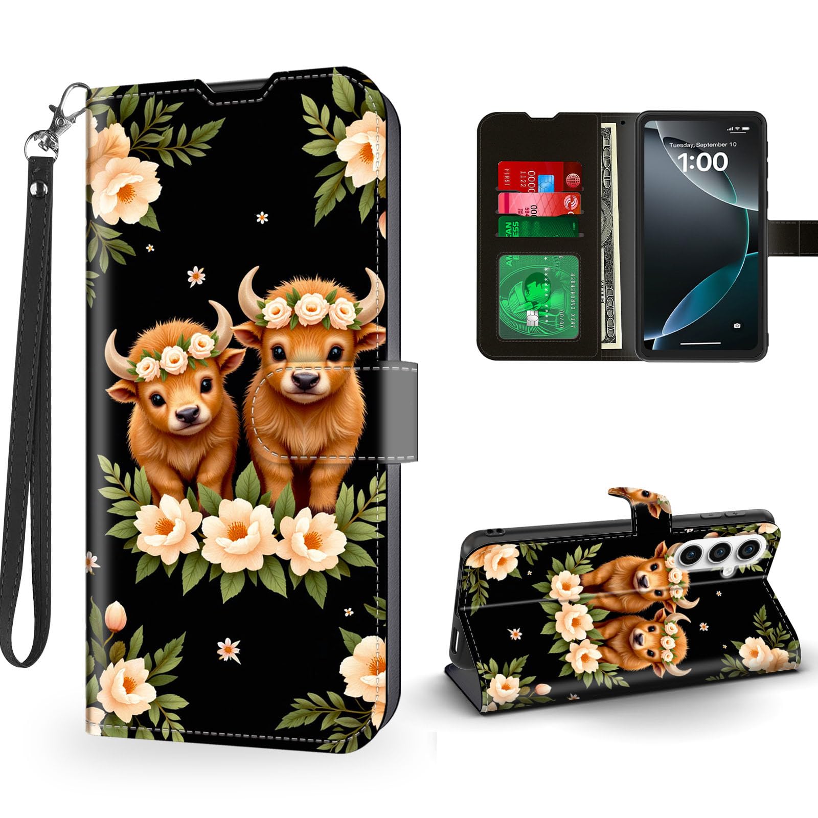 ETLKJVBL for Samsung Galaxy S25 Case Wallet with Card Holder, Baby Highland Cows with Flower Magnetic Snap and RFID Blocking Leather Flip Cover/