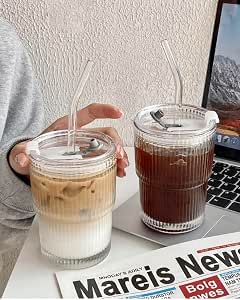 Set di 2 bicchieri verdi con coperchio e cannuccia, in vetro, 450 ml, per frullati, caffè, acqua, tè