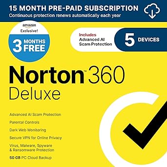Norton 360 Deluxe 2026 Ready, Antivirus software for 5 Devices with Auto-Renewal – 3 MONTHS FREE - Includes Advanced AI Scam Protection, VPN, Dark Web Monitoring & PC Cloud Backup [Download]