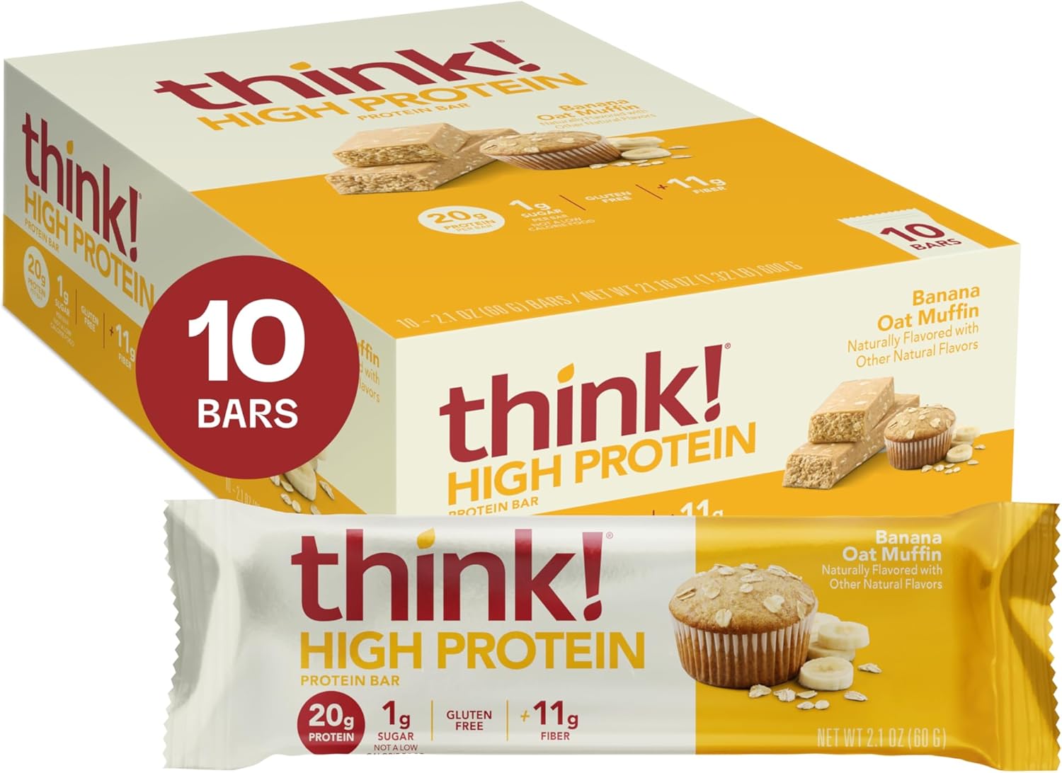 think! Protein Bars, High Protein Snacks, Gluten Free, High Fiber, Banana Oat Muffin, 10 Count
