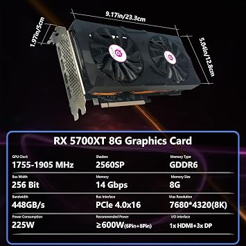 GPVHOSO Radeon RX 5700 XT 8GB Graphics Card GDDR6 2560SP 256bit Computer Graphics Card GPU PCI-e 4.0 x16 HDMI/DisplayPort*3 Interface Video Card AMD PC Game Office Support up to 8K