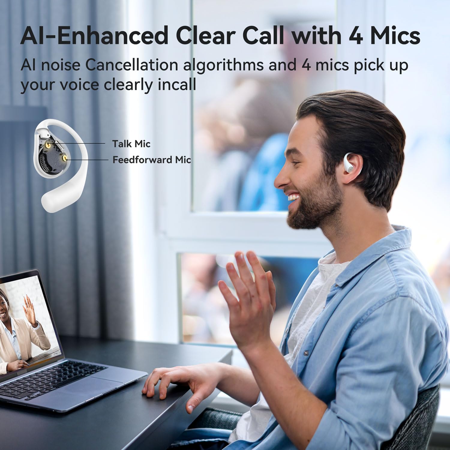 EarFun OpenJump Cuffie Open-Ear Sport, Auricolari Wireless Bluetooth | Hi-Res Audio, LDAC,42 Ore, Ricarica Wireless, Chiamate Chiare IA, Modalità Gioco, Connessione Multipunto, IPX7, Bianco